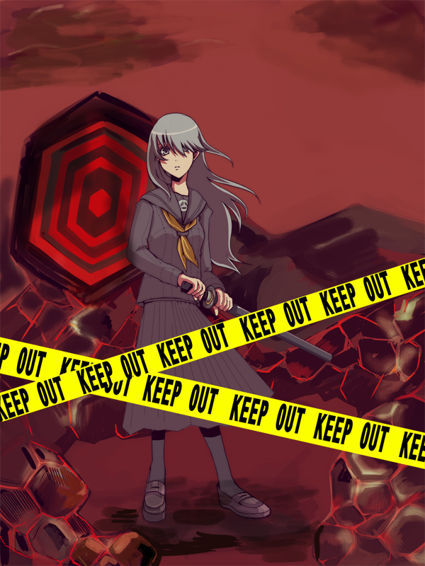 yomo (pixiv), narukami yu, atlus, persona, persona 4, bad id, bad pixiv id, gender request, 1girl, caution tape, female focus, fighting stance, genderswap, grey hair, hair over one eye, katana, keep out, long hair, ready to draw, school uniform, sheath, sheathed, solo, sword, weapon