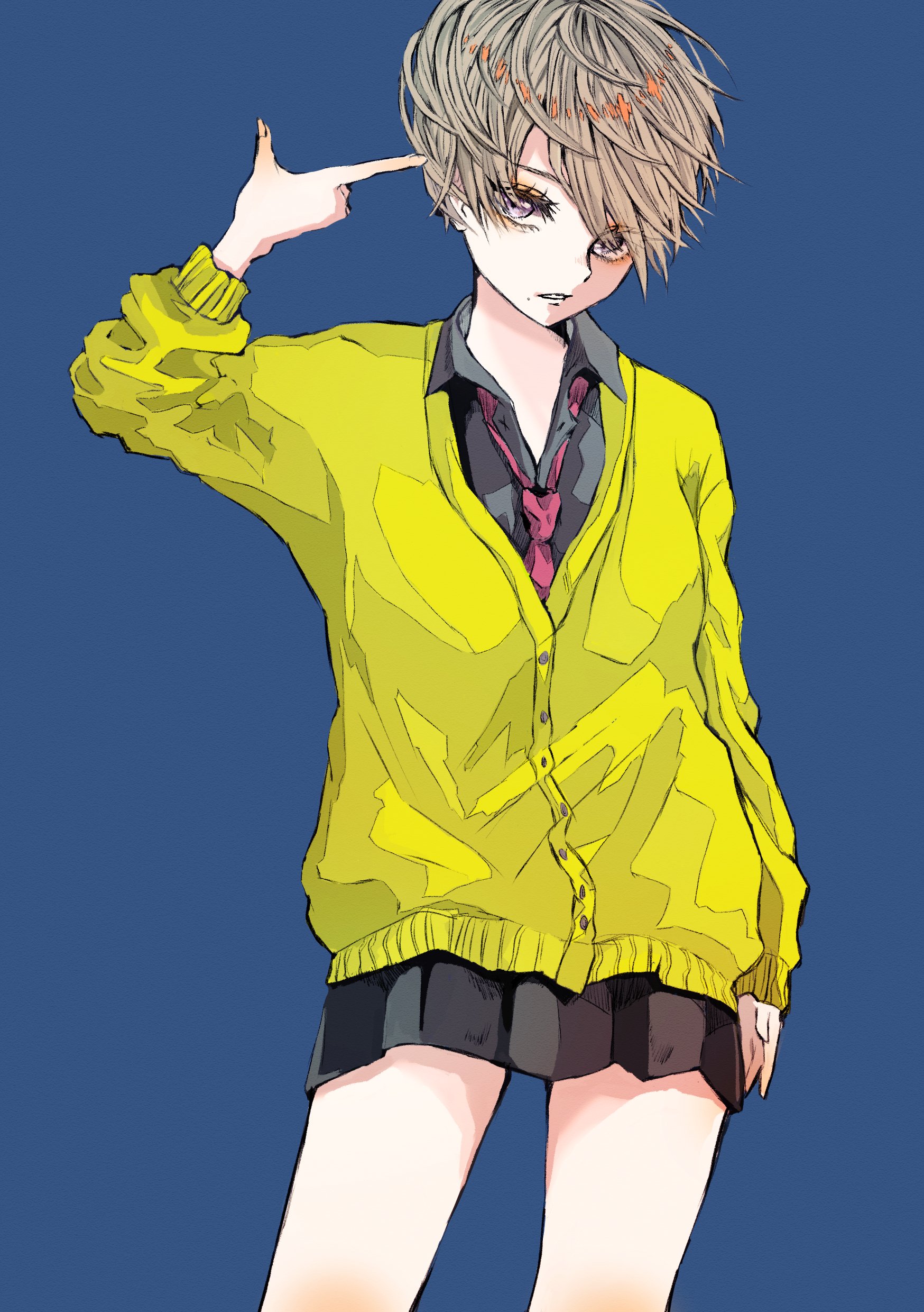 original, absurdres, highres, 1girl, black shirt, black skirt, blue background, brown hair, cardigan, cowboy shot, eyeshadow, finger gun, finger gun to head, long sleeves, looking at viewer, loose necktie, makeup, mole, mole under mouth, necktie, orange eyeshadow, parted lips, pleated skirt, purple eyes, red necktie, rin (rinchoco91), shirt, short hair, simple background, skirt, solo, standing, yellow cardigan