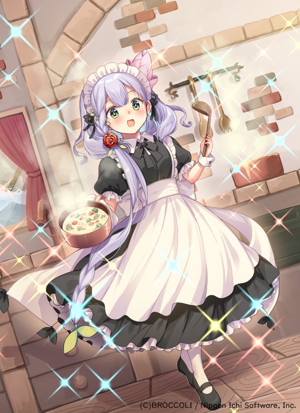 takase kou, z/x, official art, 1girl, black bow, black bowtie, black ribbon, black shoes, bow, bowtie, braid, cooking pot, copyright notice, flower, green eyes, grey hair, hair flower, hair ornament, hair ribbon, holding, holding cooking pot, holding ladle, indoors, kitchen, ladle, lyrph (z/x), maid, maid headdress, open mouth, pink flower, red flower, red rose, ribbon, rose, shoes, single braid, socks, solo, sparkle, stew, white socks, white wrist cuffs, wrist cuffs