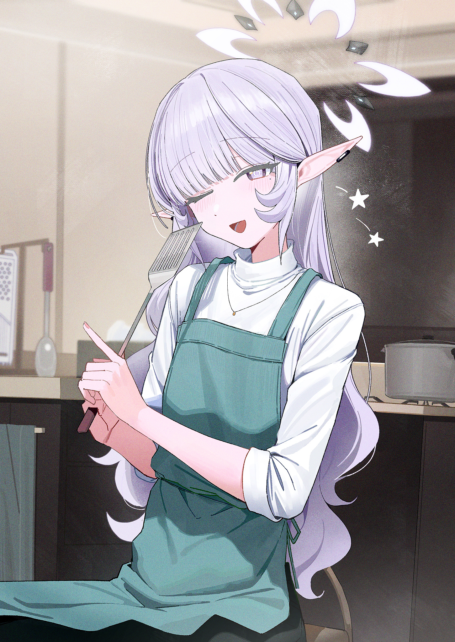 zanya 000, himari (blue archive), blue archive, highres, 1girl, alternate costume, apron, blush, casual, chair, earrings, green apron, grey eyes, grey hair, halo, jewelry, long hair, long pointy ears, looking at viewer, one eye closed, pointy ears, sitting, smile, solo, star (symbol), upper body, white hair
