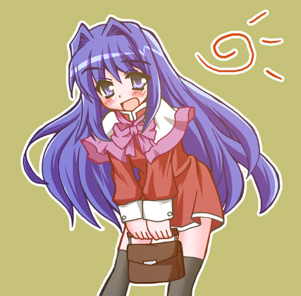 geo (yukishitadou), minase nayuki, kanon, lowres, 1girl, bag, blue eyes, blue hair, female focus, leaning forward, long hair, matching hair/eyes, red skirt, school uniform, simple background, skirt, solo, thighhighs