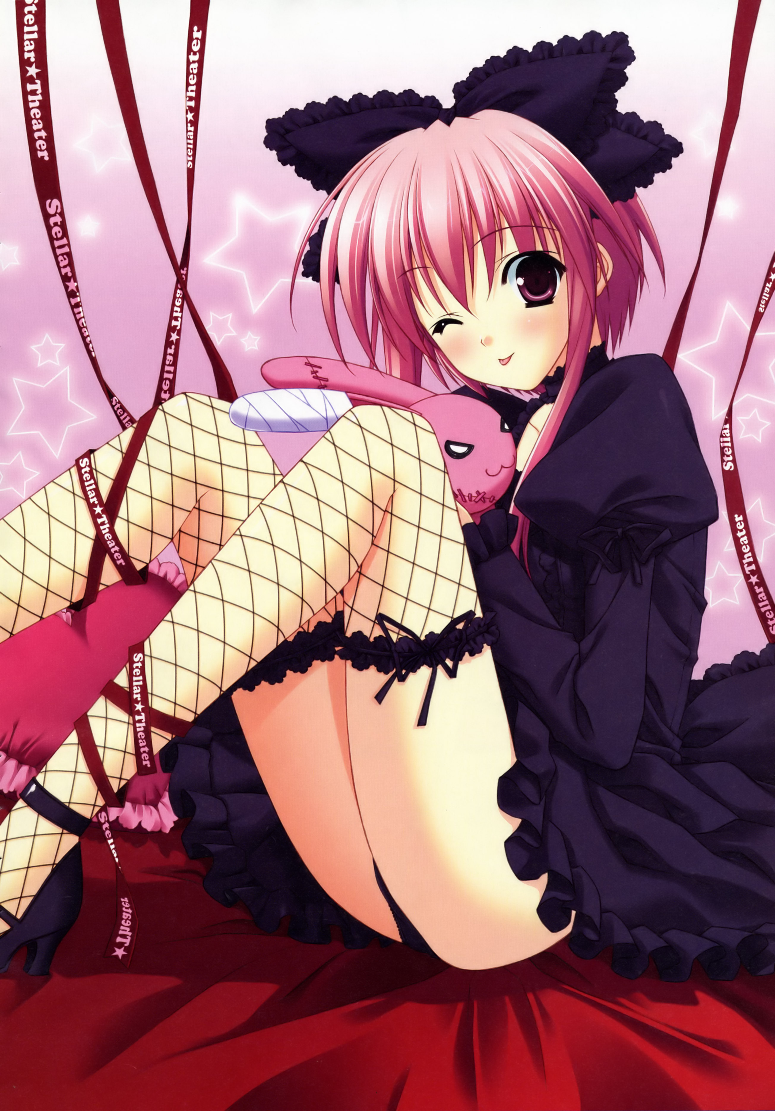 suzuhira hiro, fujisaki amane, stellar theater, absurdres, highres, 1girl, :p, black panties, blush, dress, female focus, fishnet thighhighs, fishnets, frilled thighhighs, frills, gothic lolita, high heels, lolita fashion, one eye closed, panties, pink eyes, pink hair, ribbon, shoes, short hair, short hair with long locks, sitting, solo, star (symbol), stuffed animal, stuffed rabbit, stuffed toy, thighhighs, tongue, tongue out, underwear, wink