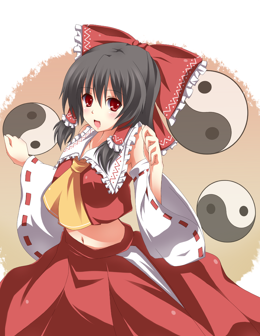 yuurakudou kurono, hakurei reimu, imperishable night, touhou, bad id, bad pixiv id, 1girl, black hair, detached sleeves, female focus, gradient background, japanese clothes, midriff, miko, navel, skirt, solo, white background