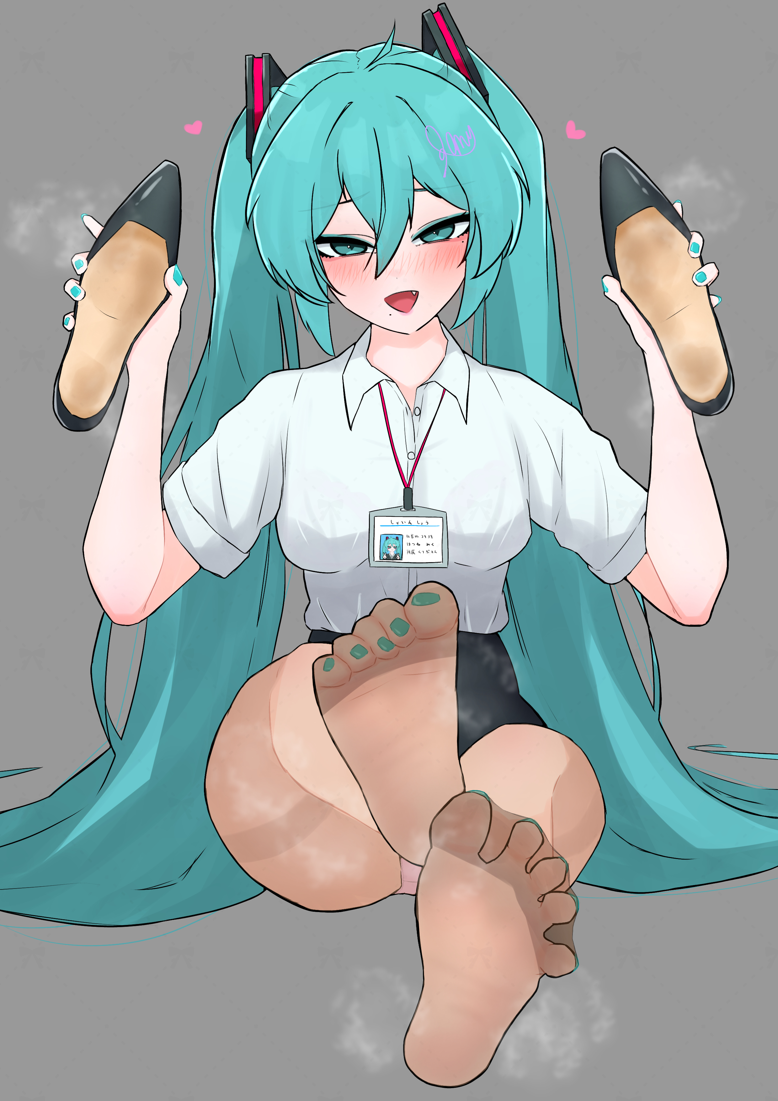 marubanu, hatsune miku, vocaloid, absurdres, highres, 1girl, blue eyes, blue hair, blush, feet, holding, holding shoes, holding unworn clothes, lanyard, long hair, looking at viewer, office lady, open mouth, panties, panties under pantyhose, pantyhose, pantyshot, shoes, soles, steam, toes, twintails, underwear, unworn shoes