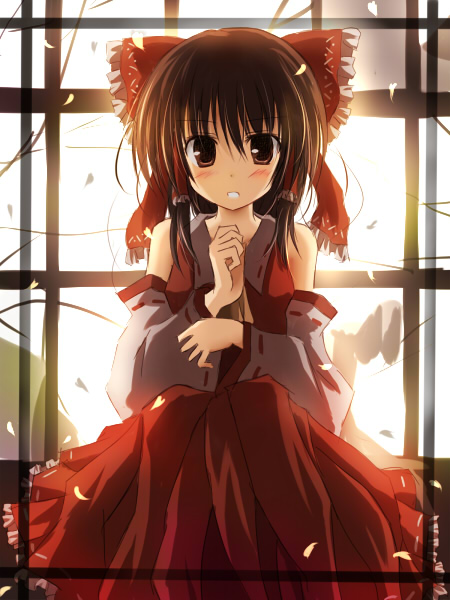 mashayuki, hakurei reimu, touhou, 1girl, blush, bow, brown eyes, brown hair, detached sleeves, female focus, hair bow, japanese clothes, miko, ribbon, solo