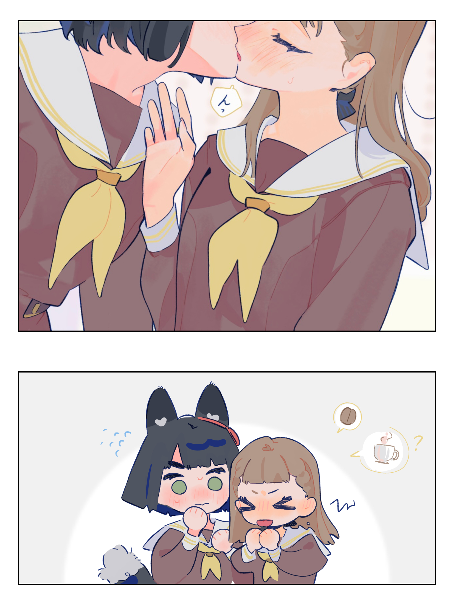 pipi (m1x mix), kachimachi kosuzu, momose ginko, link! like! love live!, love live!, commentary, highres, > <, 2girls, ?, animal ears, bitter, blush, brown dress, coffee, coffee beans, dress, flying sweatdrops, fox ears, fox girl, fox tail, french kiss, green eyes, hasu no sora school uniform, kemonomimi mode, kiss, long sleeves, looking at another, multiple girls, neckerchief, nervous sweating, sailor collar, sailor dress, school uniform, speech bubble, sweat, tail, tongue, tongue out, virtual youtuber, white sailor collar, winter uniform, yellow neckerchief, yuri