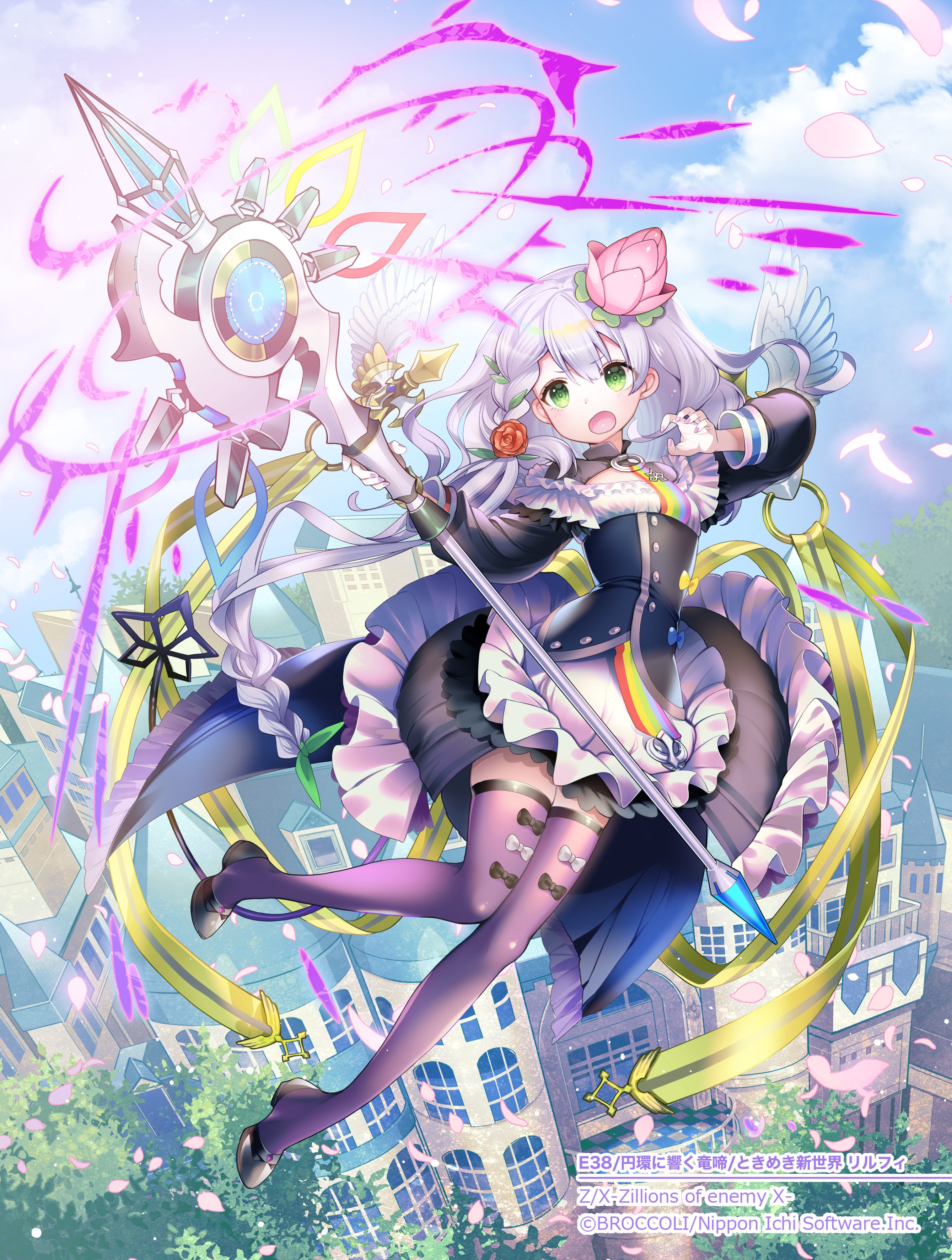 toyota saori, z/x, absurdres, highres, official art, 1girl, black bow, black dress, black shoes, bow, bow legwear, braid, copyright notice, dragon tail, dress, electricity, flower, green eyes, grey hair, hair flower, hair ornament, holding, holding staff, long hair, lyrph (z/x), open mouth, outdoors, pink flower, pink petals, red flower, red rose, rose, shoes, single braid, solo, staff, tail, thighhighs, white bow, white wings, wings