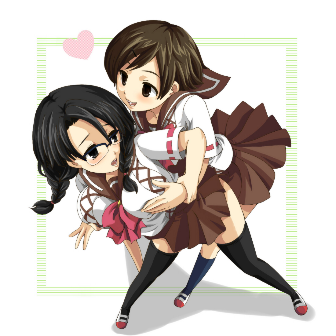 ruin (lv43), ruin (pixiv418285), shia (lv43), 2girls, black eyes, black hair, blush, braid, breasts, brown eyes, brown hair, glasses, grabbing another's breast, groping, multiple girls, ribbon, school uniform, short hair, thighhighs, twin braids, yuri