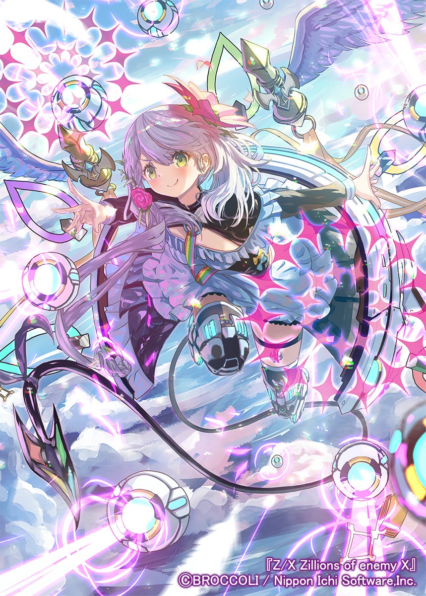 misago (525), z/x, highres, official art, 1girl, armored boots, boots, braid, closed mouth, copyright notice, dragon tail, dress, energy beam, flower, frilled dress, frills, green eyes, grey hair, hair flower, hair ornament, long hair, lyrph (z/x), magic, pink flower, red flower, red rose, rose, single braid, solo, tail
