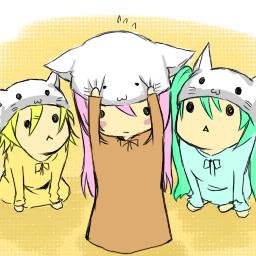 silver moon dust, hatsune miku, kagamine rin, megurine luka, megurine luka (toeto), toeto (vocaloid), vocaloid, bad id, bad pixiv id, lowres, :<, animal hat, cat hat, hat, pink hair