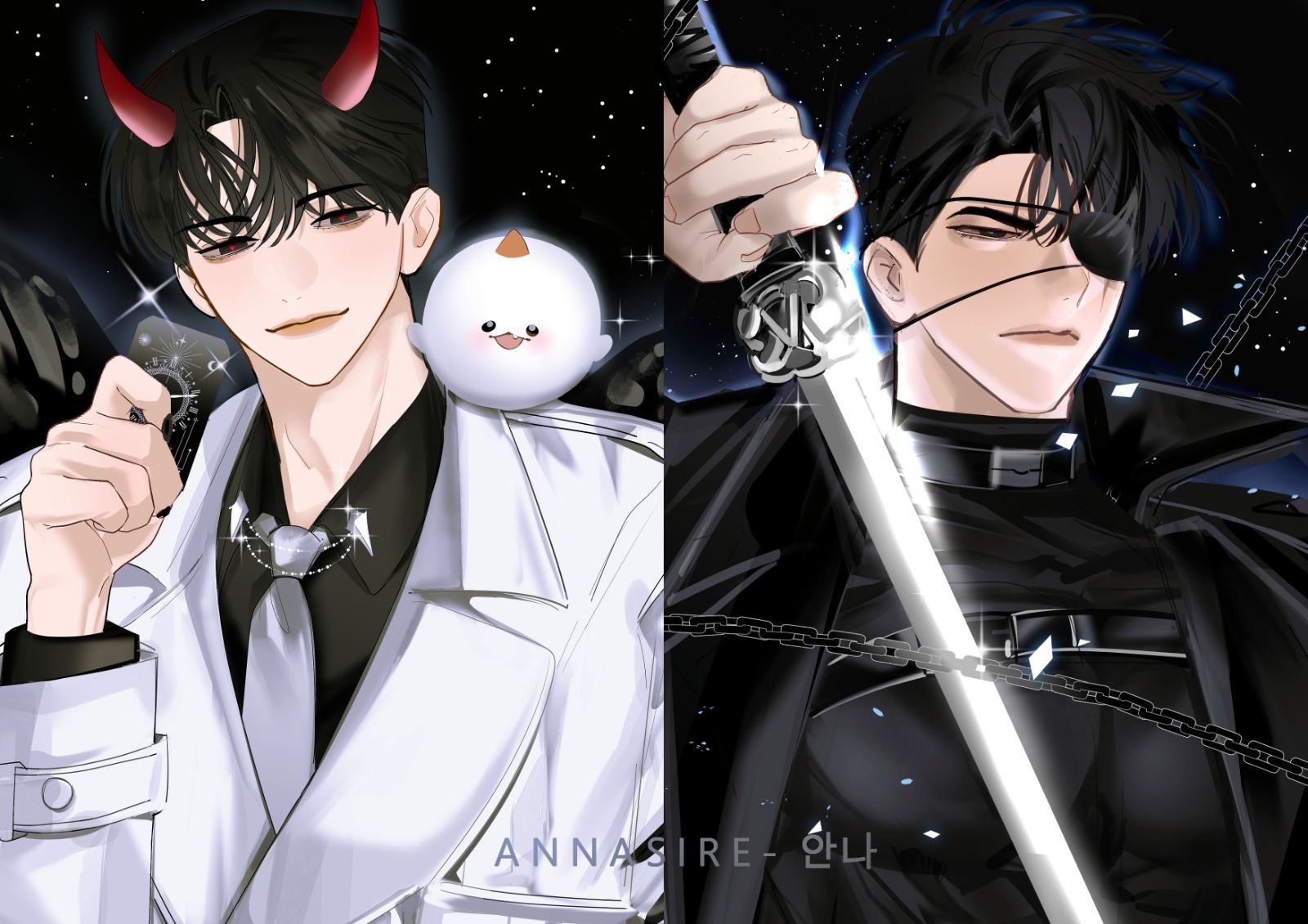 biyoo (omniscient reader's viewpoint), kim dokja, yoo joonghyuk, yoo joonghyuk (999th turn), omniscient reader's viewpoint, highres, 2boys, animal, animal on shoulder, annasire, belt, black coat, black eyes, black hair, black shirt, black wings, card, chain, coat, collared shirt, crew neck, curtained hair, demon horns, eyepatch, feathered wings, grey necktie, half-closed eye, holding, holding card, holding sword, holding weapon, horns, looking at viewer, male focus, multiple boys, necktie, night, night sky, official alternate costume, open clothes, open coat, pectorals, red pupils, serious, shirt, short hair, sky, smirk, star (sky), starry sky, sword, upper body, weapon, white coat, wings