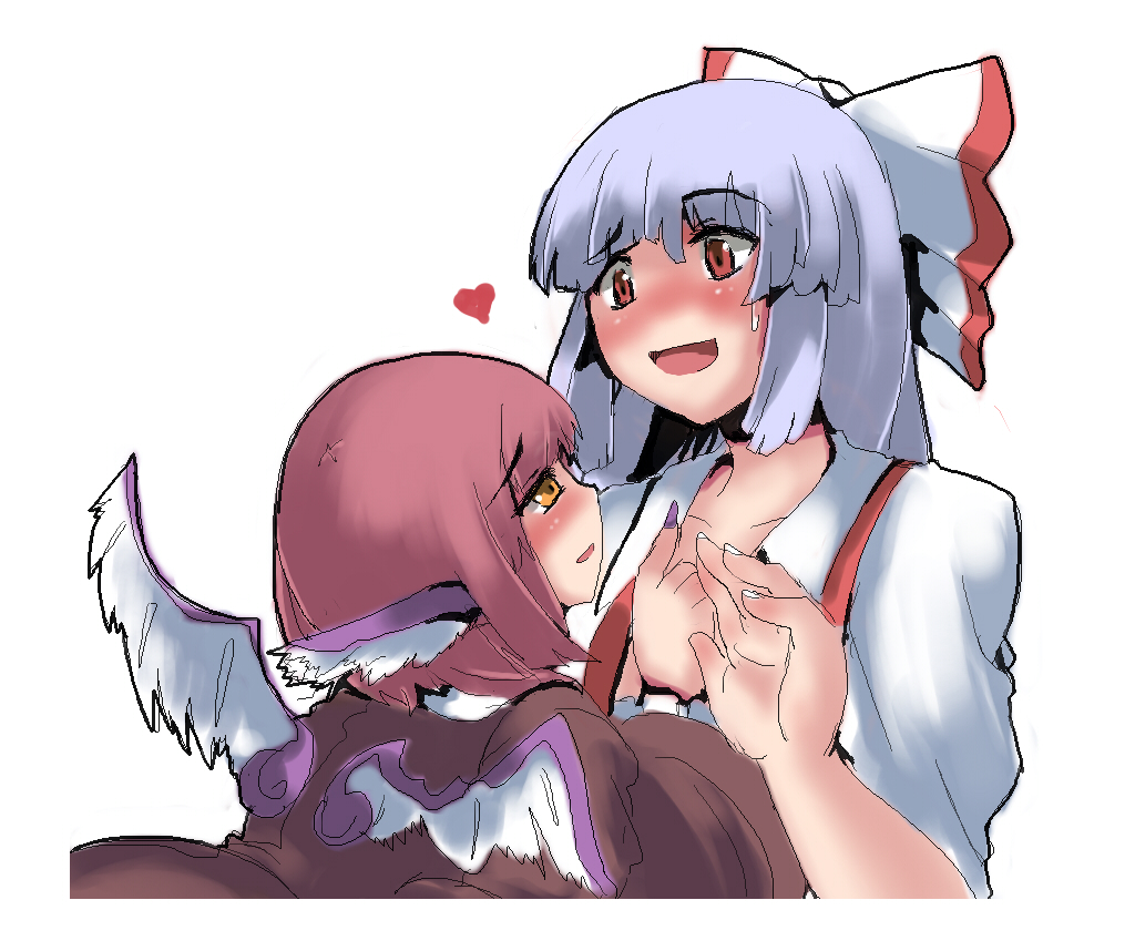 magukappu, fujiwara no mokou, mystia lorelei, touhou, light purple hair, silver hair, 2girls, animal ears, blush, female focus, fingernails, head wings, long fingernails, multiple girls, nail (hardware), no nose, orange eyes, red eyes, red hair, ribbon, simple background, sketch, white background, wings, yuri