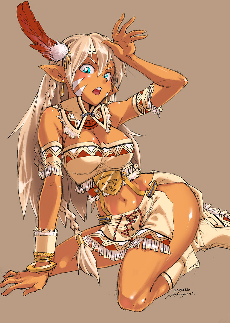 nekoguchi, original, 1girl, bare shoulders, blonde hair, blue eyes, bracelet, braid, breasts, cleavage, dark-skinned female, dark skin, earrings, elf, feathers, female focus, fringe trim, headdress, jewelry, large breasts, long hair, lots of jewelry, native american, native american headdress, navel, pointy ears, shoes, signature, simple background, sitting, sketch, solo, squaw, tan, tribal