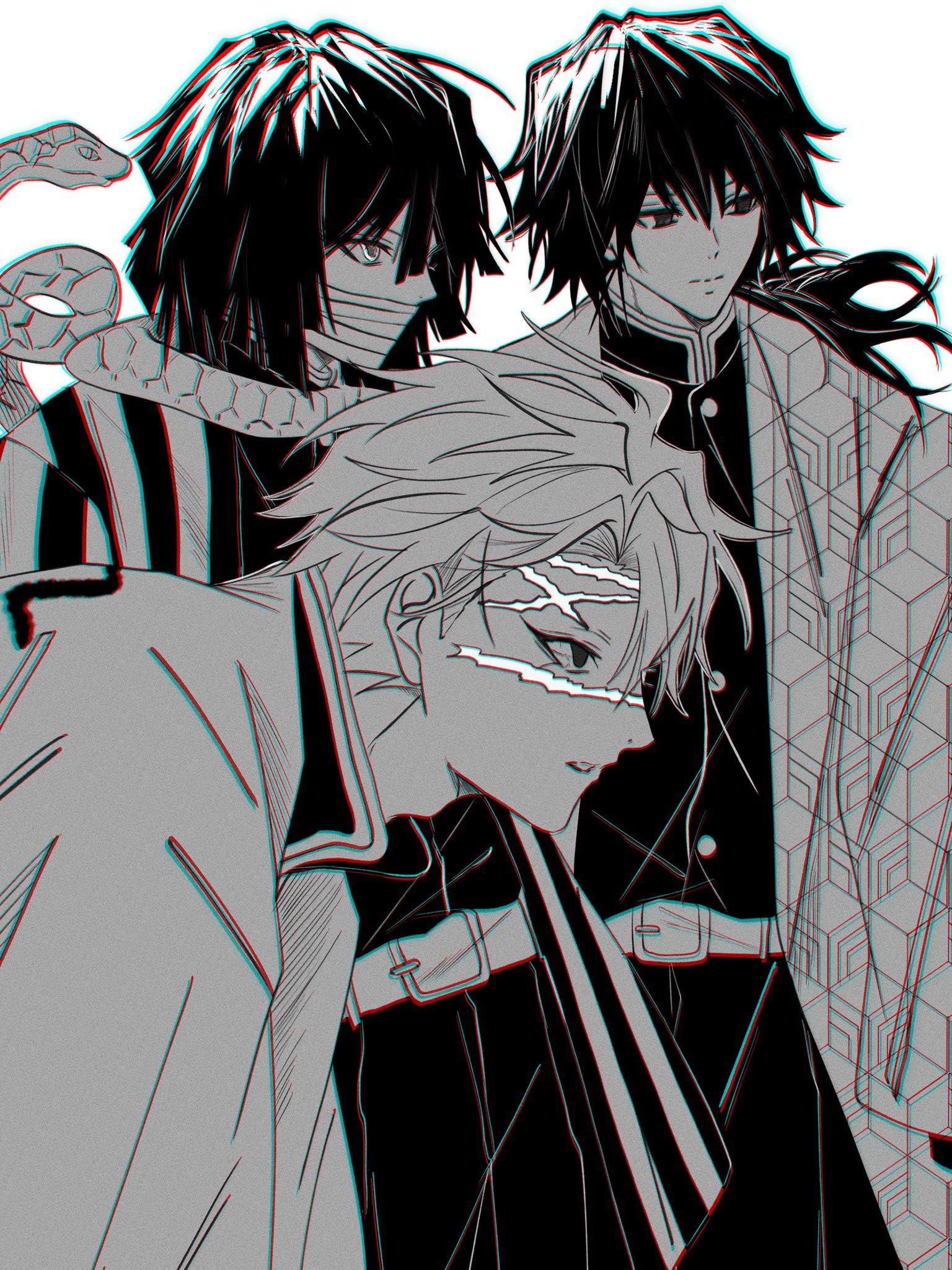 iguro obanai, shinazugawa sanemi, tomioka giyuu, kimetsu no yaiba, highres, 3boys, bandages over mouth, belt, candy yyn, closed mouth, cowboy shot, greyscale, haori, jacket, japanese clothes, kikkoumon, kimono, long hair, low ponytail, monochrome, multiple boys, pants, ponytail, print haori, profile, short hair, simple background, snake, spiked hair, striped clothes, striped kimono, white background