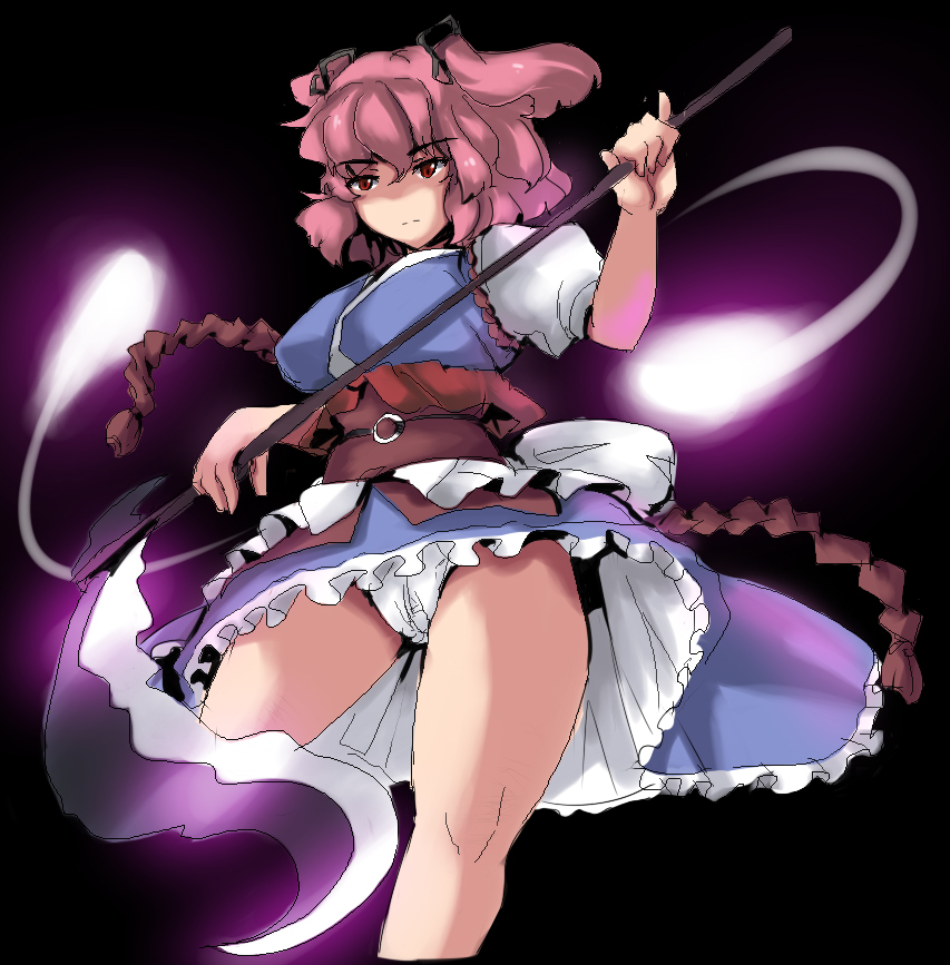 magukappu, onozuka komachi, touhou, 1girl, alternate weapon, bare legs, breasts, cleavage, dress, female focus, hair bobbles, hair ornament, hitodama, large breasts, no nose, panties, pantyshot, red eyes, red hair, scythe, short hair, solo, twintails, two side up, underwear, upskirt, weapon, white panties