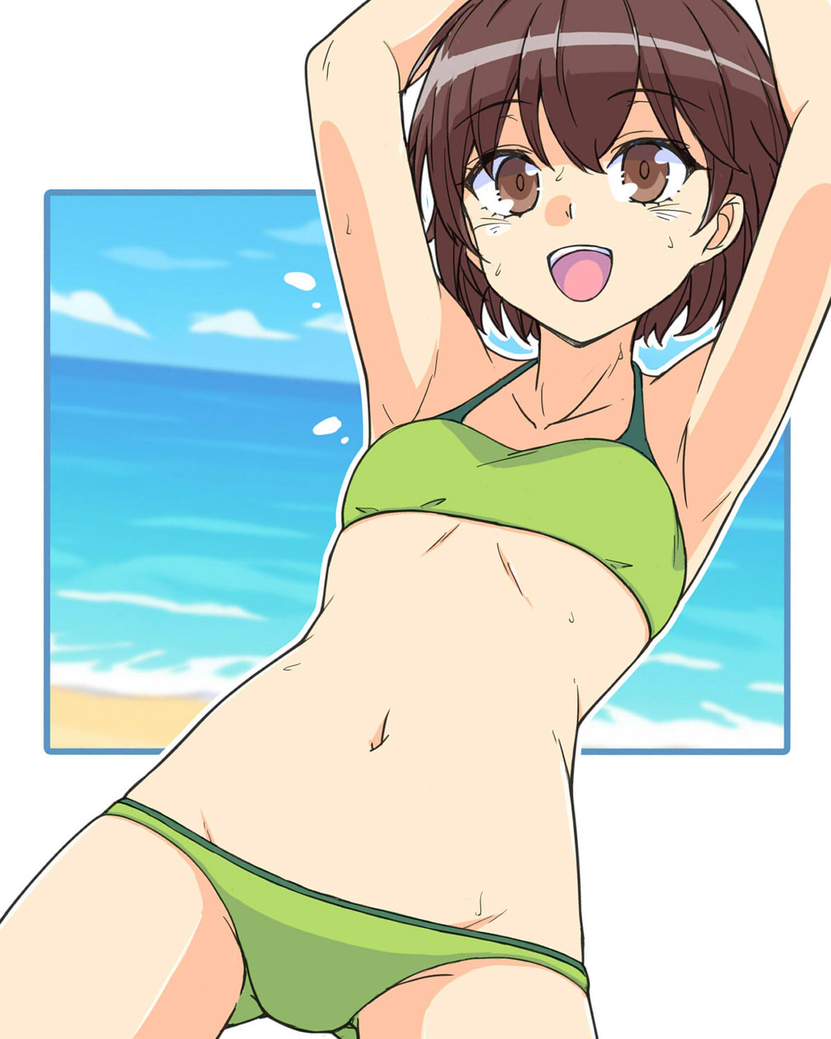 renshiu, isobe noriko, girls und panzer, highres, 1girl, armpits, bikini, blush, breasts, brown eyes, brown hair, collarbone, green bikini, lowleg, navel, ocean, open mouth, outdoors, short hair, sky, small breasts, smile, solo, sweat, swimsuit
