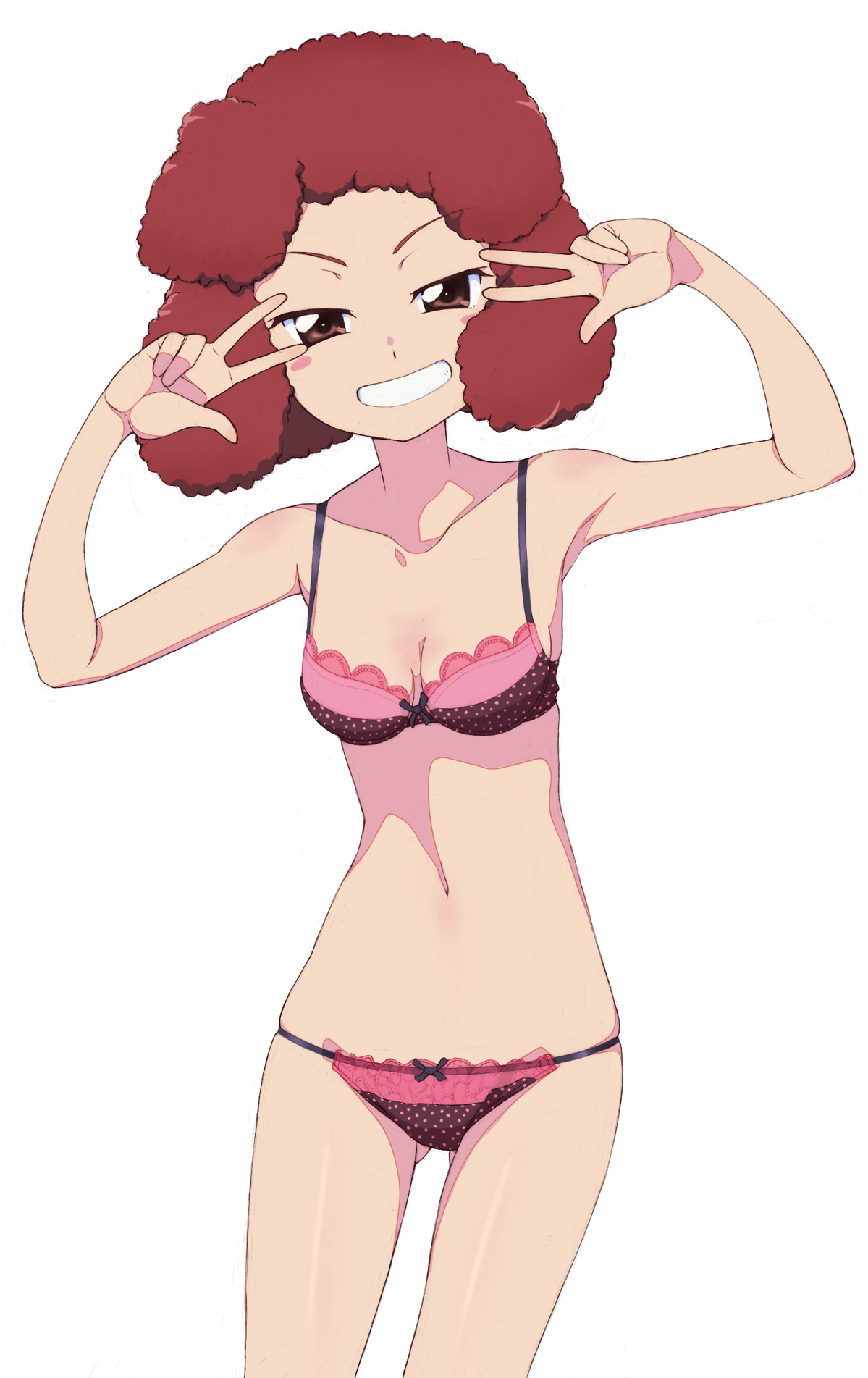 kayabakoro, rum (girls und panzer), girls und panzer, highres, 1girl, blush, bra, breasts, brown eyes, cleavage, collarbone, double w, frilled bra, frilled panties, frills, grin, lingerie, navel, panties, red hair, simple background, small breasts, smile, solo, underwear, w, white background