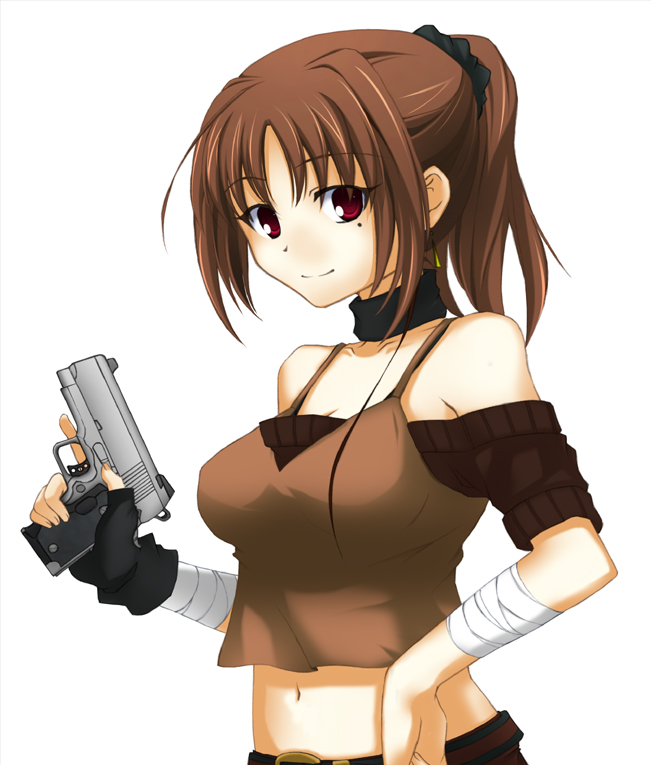miiya, original, bad id, bad pixiv id, 1girl, breasts, brown hair, female focus, fingerless gloves, gloves, gun, medium breasts, mole, mole under eye, ponytail, red eyes, solo, weapon