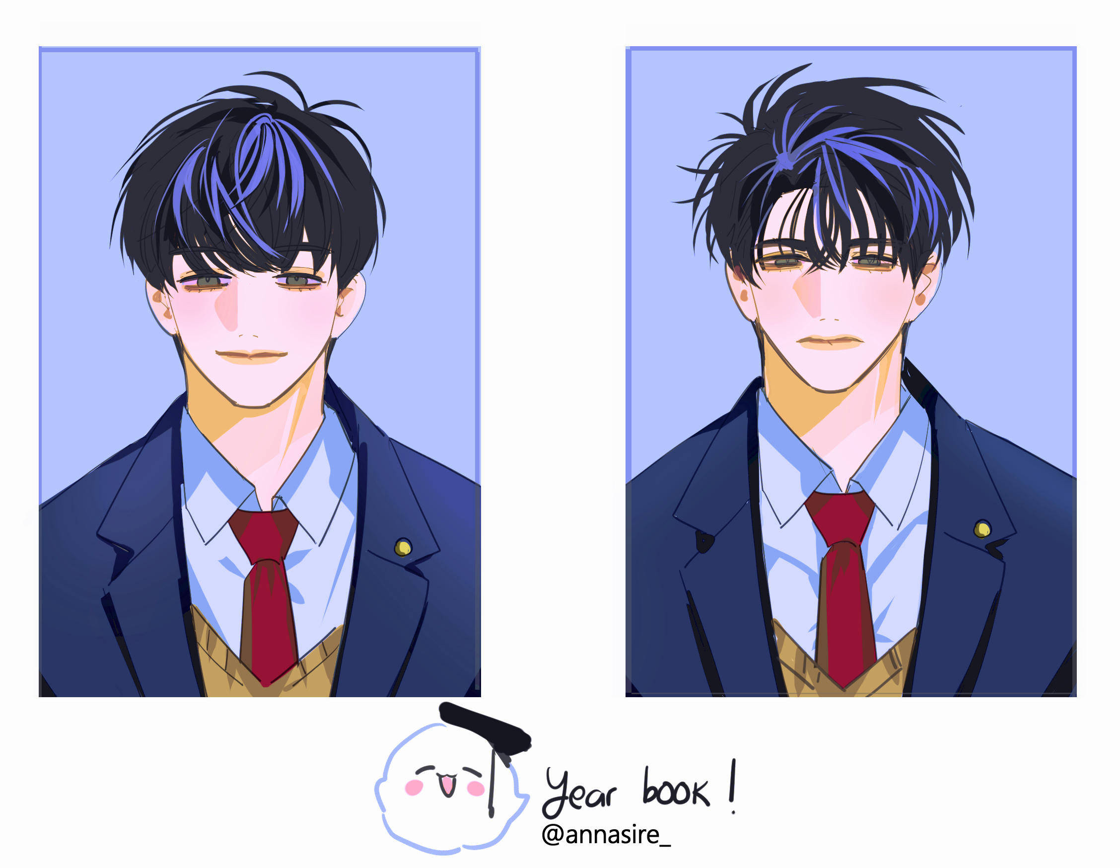 kim dokja, yoo joonghyuk, omniscient reader's viewpoint, highres, 2boys, annasire, bags under eyes, black eyes, black hair, blue coat, border, brown vest, coat, collared shirt, curtained hair, english text, expressionless, half-closed eyes, light smile, matching outfits, multiple boys, necktie, open clothes, open coat, portrait, red necktie, school uniform, shirt, short hair, straight-on, vest, white border, white shirt