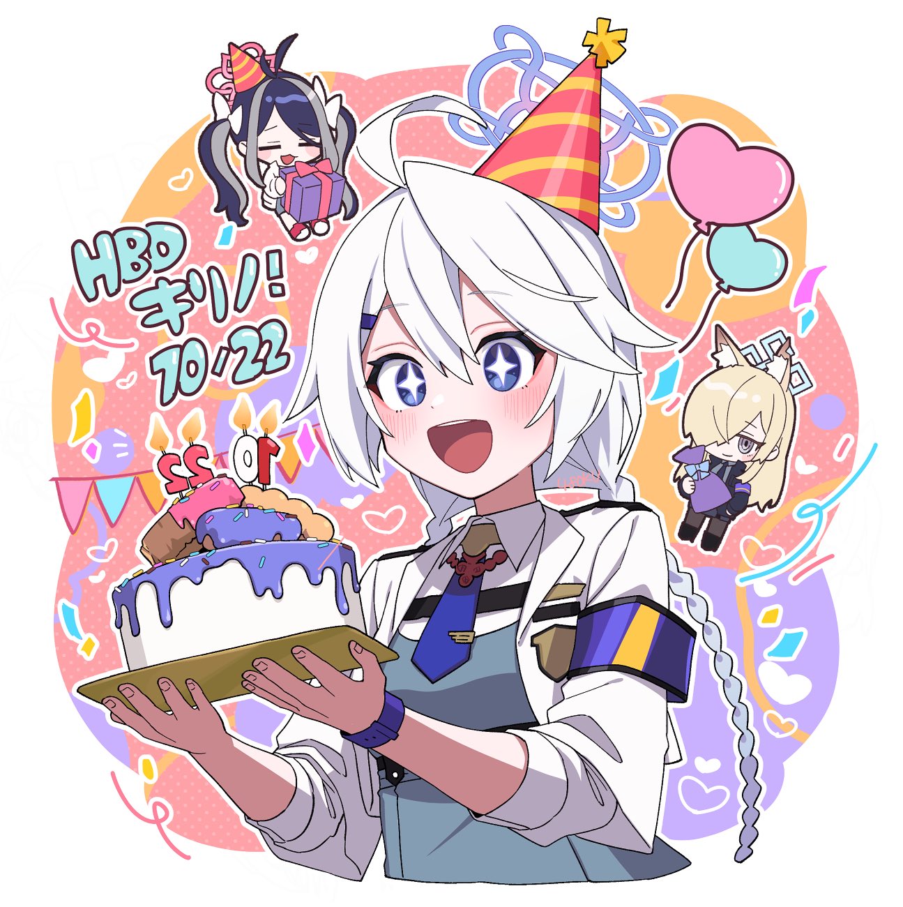 48okku, fubuki (blue archive), kanna (blue archive), kirino (blue archive), blue archive, commentary request, highres, 3girls, ahoge, animal ears, armband, balloon, blue eyes, blue necktie, blush, braid, cake, candle, chibi, closed eyes, cropped jacket, dated, dress, food, fox ears, gift, grey dress, hair between eyes, halo, happy birthday, hat, heart, heart balloon, holding, holding cake, holding food, holding gift, jacket, long hair, long sleeves, looking at object, multiple girls, necktie, open mouth, party hat, party popper, purple armband, solo focus, sparkling eyes, twin braids, upper body, very long hair, watch, white hair, white jacket, wristwatch