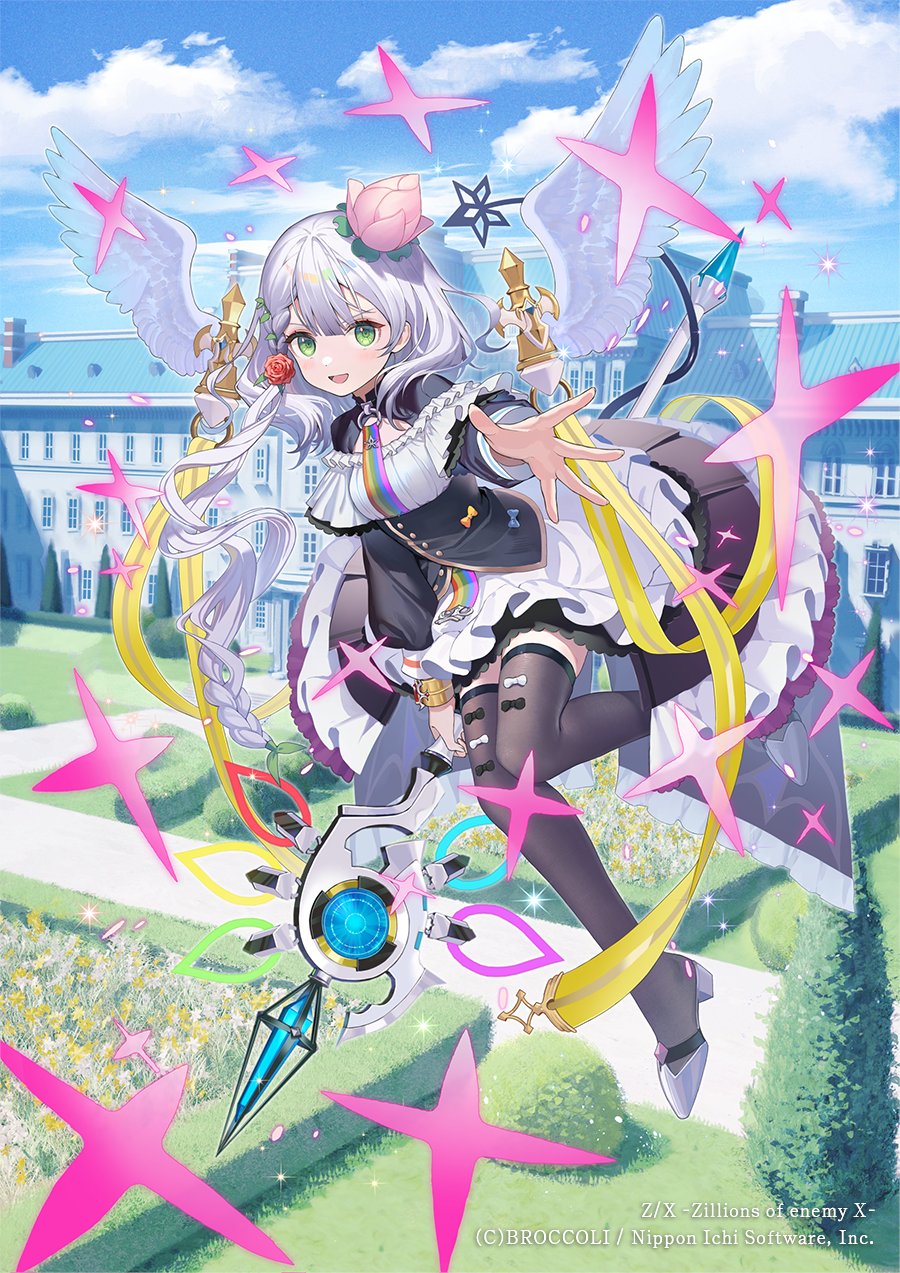 oli o o, z/x, highres, official art, 1girl, bangle, black bow, black dress, black thighhighs, blue sky, bow, bow legwear, bracelet, braid, building, cloud, cloudy sky, copyright notice, dragon tail, dress, feathered wings, floating, flower, green eyes, grey hair, grey shoes, hair flower, hair ornament, holding, holding staff, jewelry, lyrph (z/x), open mouth, outdoors, pink flower, reaching, reaching towards viewer, red flower, red rose, rose, shoes, side braid, single braid, sky, solo, sparkle, staff, tail, thighhighs, white bow, white wings, wings