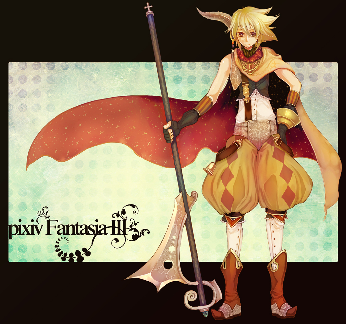 manbou no suiso, pixiv fantasia, pixiv fantasia 3, bad id, bad pixiv id, gender request, androgynous, bell, blonde hair, boots, fingerless gloves, gloves, horns, polearm, short hair, single horn, solo, weapon