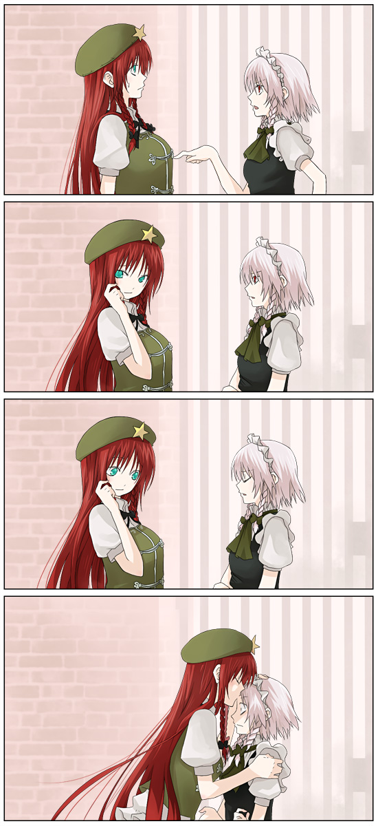 kintaro, hong meiling, izayoi sakuya, embodiment of scarlet devil, touhou, highres, 2girls, 4koma, aqua eyes, braid, comic, female focus, kiss, kissing forehead, long hair, maid, multiple girls, red hair, scolding, silent comic, surprised, sweat, twin braids, very long hair, yuri