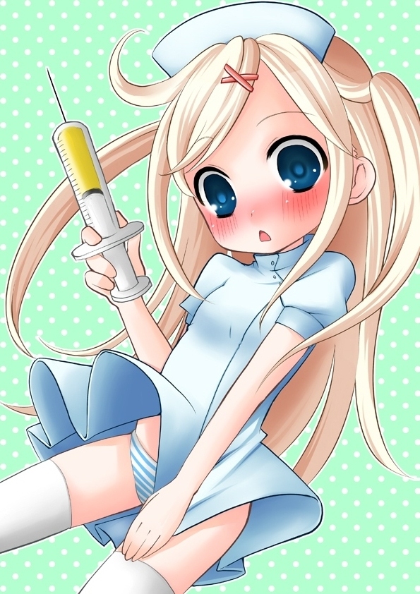 miyata waltz, original, bad id, bad pixiv id, blonde hair, blue eyes, blush, loli, nurse, panties, syringe, thighhighs, underwear