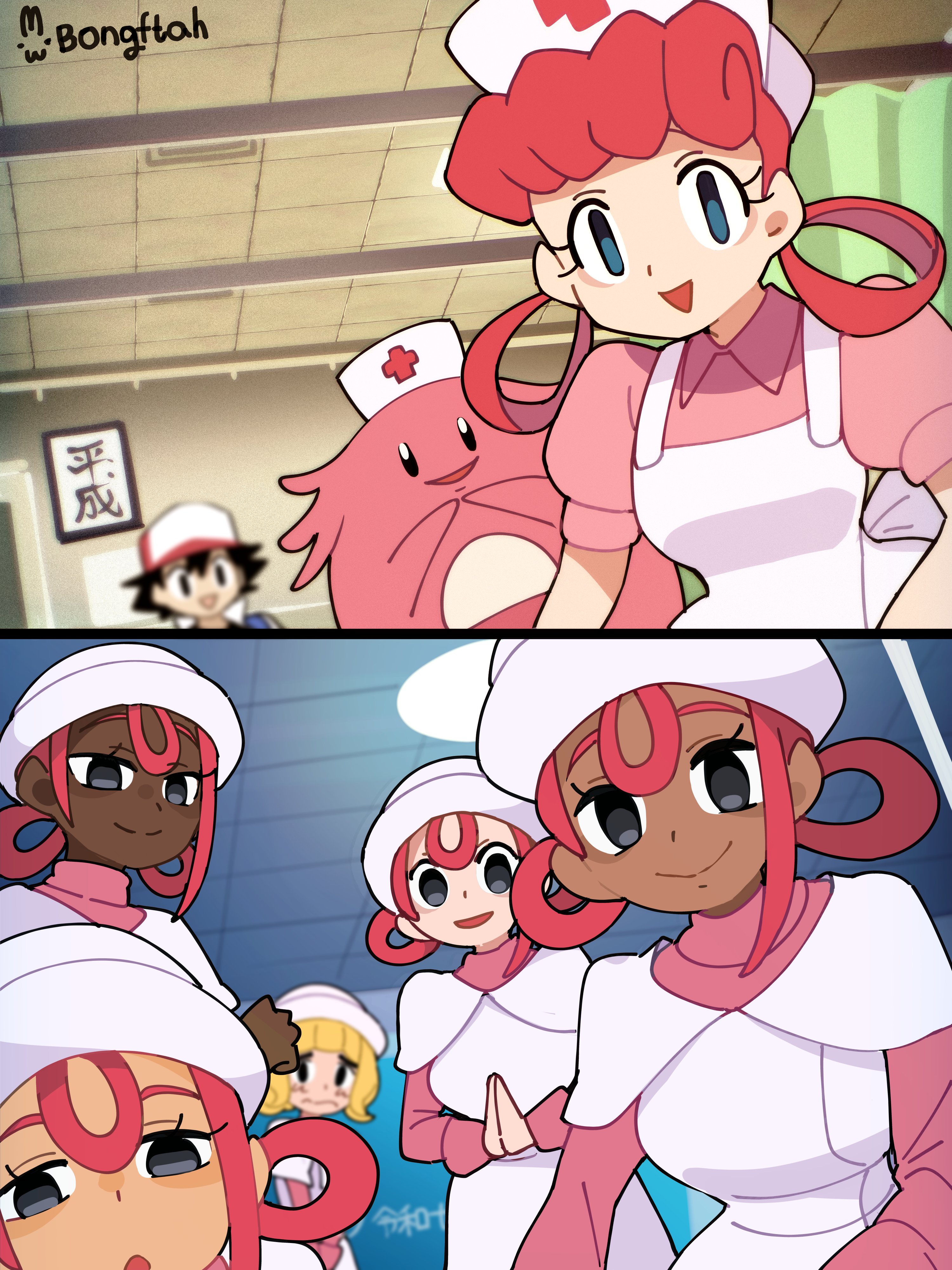 bongftah, ash ketchum, ashley (pokemon), chansey, joy (pokemon), joy (pokemon legends: z-a), nintendo, pokemon, pokemon (anime), pokemon (classic anime), pokemon legends: z-a, absurdres, highres, 1boy, baseball cap, black hair, blonde hair, crossdressing, crossdressing (mtf), dark-skinned female, dark skin, dress, gen 1 pokemon, grey eyes, hair rings, hat, long sleeves, meme, nine years in a coma (meme), nurse, nurse cap, open mouth, pink hair, pink shirt, pokemon (creature), pokemon center, shirt, short hair, smile, turtleneck, very dark skin, white dress