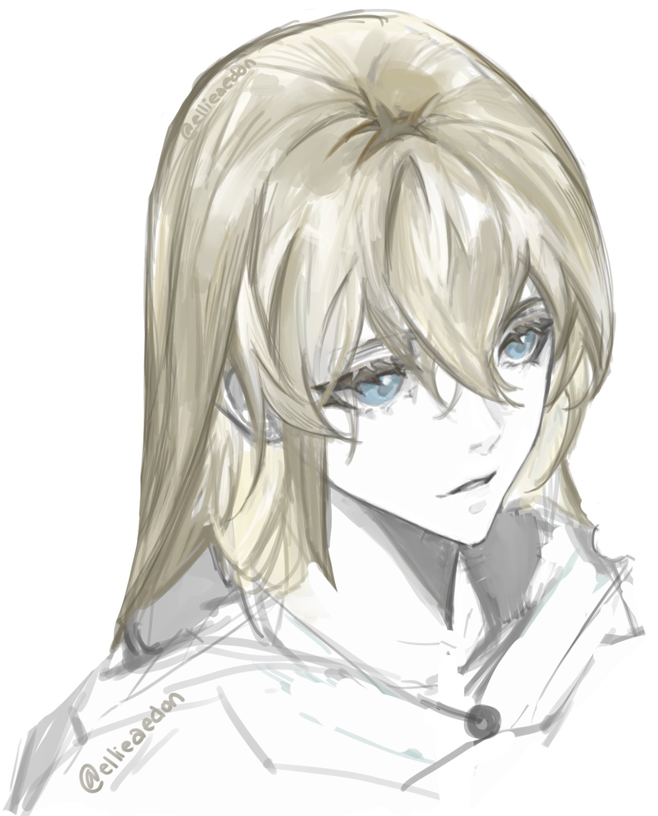 ellieaedon, cassie (shadow slave), shadow slave, highres, 1girl, blonde hair, blue eyes, brooch, cloak, crossed bangs, double-parted bangs, grey shirt, head tilt, hood, hood down, hooded cloak, jewelry, long hair, looking to the side, parted lips, portrait, shirt, smile, solo