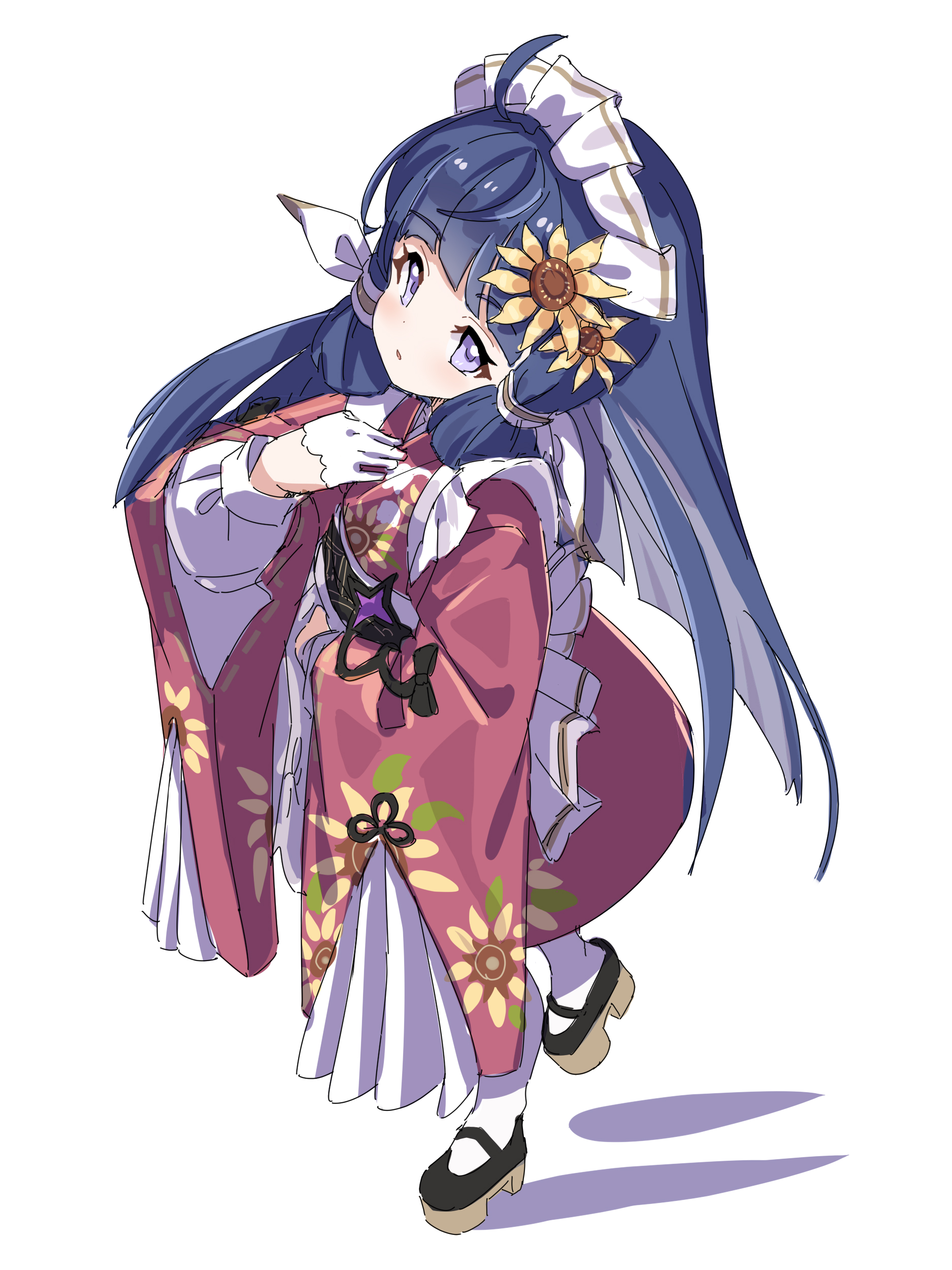 kuro kosyou, stella sora, absurdres, highres, 1girl, flower, full body, gloves, hair flower, hair ornament, japanese clothes, kimono, long hair, long sleeves, nanoha (stella sora), red kimono, simple background, solo, white background, white gloves, wide sleeves