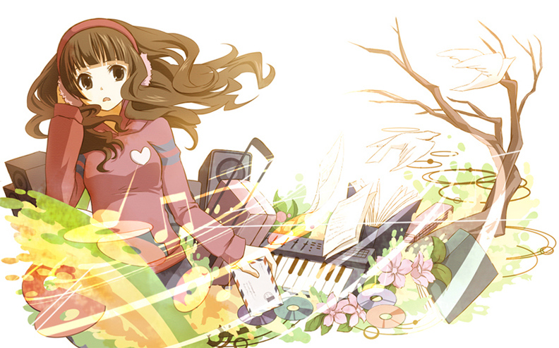 shiramori yuse, bad id, bad pixiv id, 1girl, bird, book, brown eyes, brown hair, cd, earmuffs, female focus, flower, instrument, long hair, music, musical note, piano, solo, tree, wavy hair