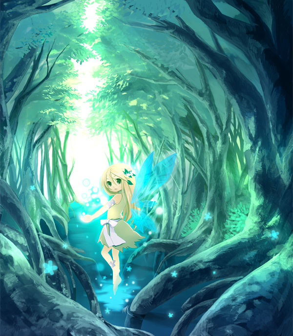shiramori yuse, bad id, bad pixiv id, 1girl, barefoot, blonde hair, child, dress, fairy, female focus, forest, long hair, nature, outdoors, plant roots, solo, tree, water, wings