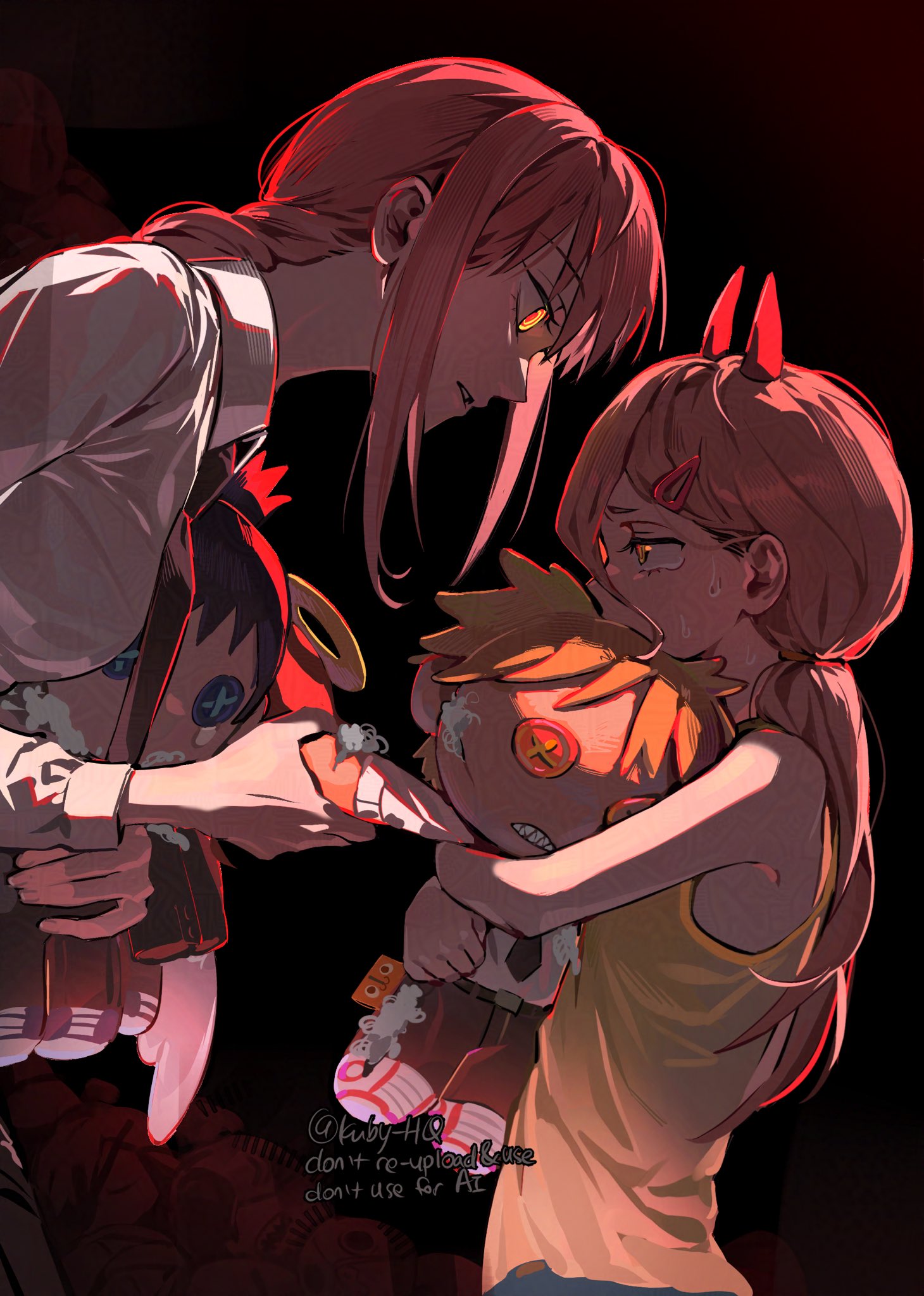 kuby hq, angel devil (chainsaw man), denji (chainsaw man), hayakawa aki, makima (chainsaw man), power (chainsaw man), chainsaw man, highres, 2girls, aged down, artist name, black necktie, braid, character doll, demon horns, doll, from side, glowing, glowing eyes, hair ornament, hairclip, holding, holding stuffed toy, horns, multiple girls, necktie, orange eyes, parted lips, ponytail, pulling, red theme, ringed eyes, sharp teeth, shirt, sidelocks, stuffed animal, stuffed toy, sweat, tank top, teeth, white shirt, yellow tank top