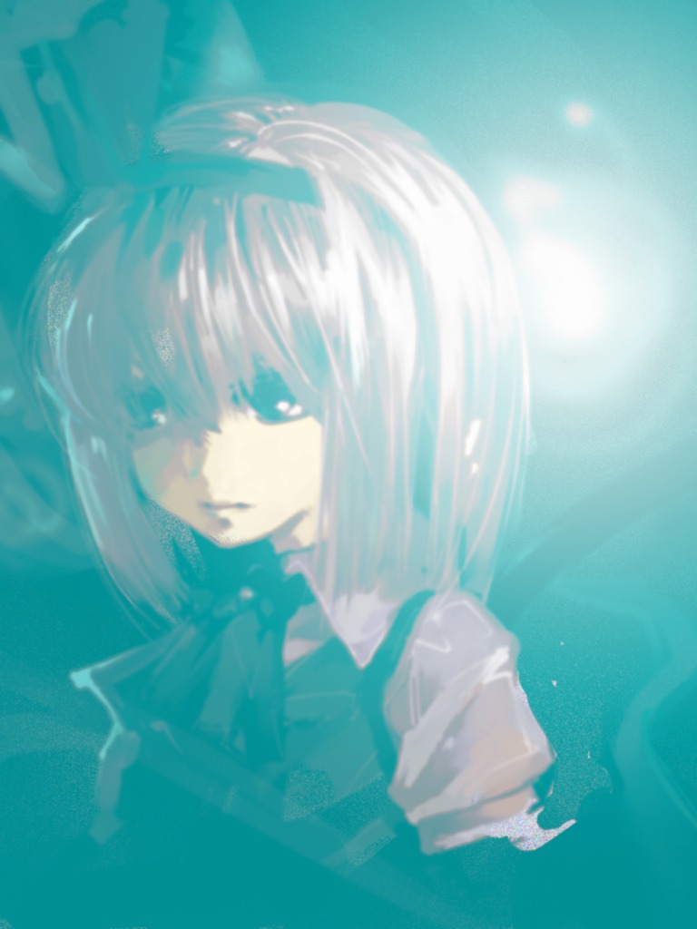 kuruwa (artist), teoshiguruma, konpaku youmu, touhou, 1girl, blue theme, female focus, hairband, short hair, solo, upper body, white hair