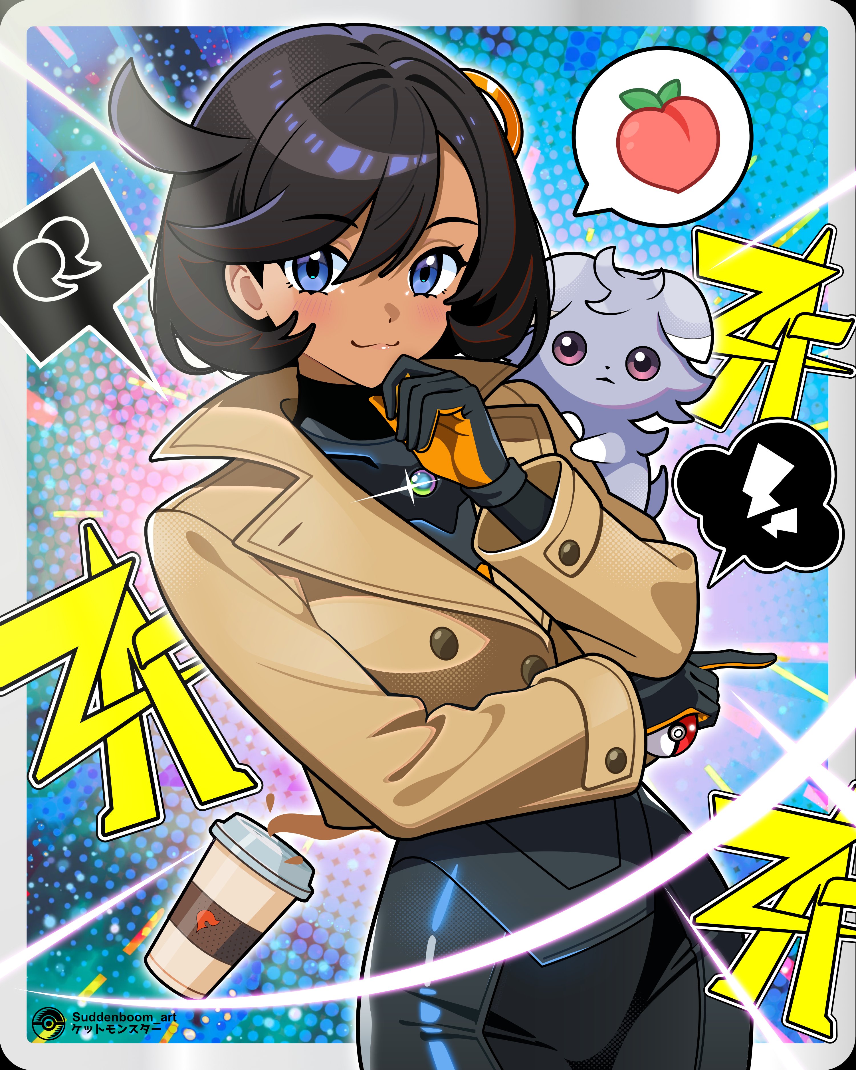 emma (pokemon), espurr, nintendo, pokemon, pokemon legends: z-a, absurdres, commentary, highres, 1girl, :3, black bodysuit, black hair, blue eyes, bodysuit, border, brown jacket, closed mouth, cowboy shot, cup, dark-skinned female, dark skin, disposable coffee cup, disposable cup, gen 6 pokemon, hair between eyes, hair ornament, hand on own chin, holding, holding poke ball, index finger raised, jacket, light blush, lightning bolt symbol, long sleeves, looking at viewer, mega stone, outside border, poke ball, poke ball (basic), pokemon (creature), purple eyes, short hair, smile, speech bubble, spoken food, standing, stroking own chin, suddenboom art, twitter username, white border