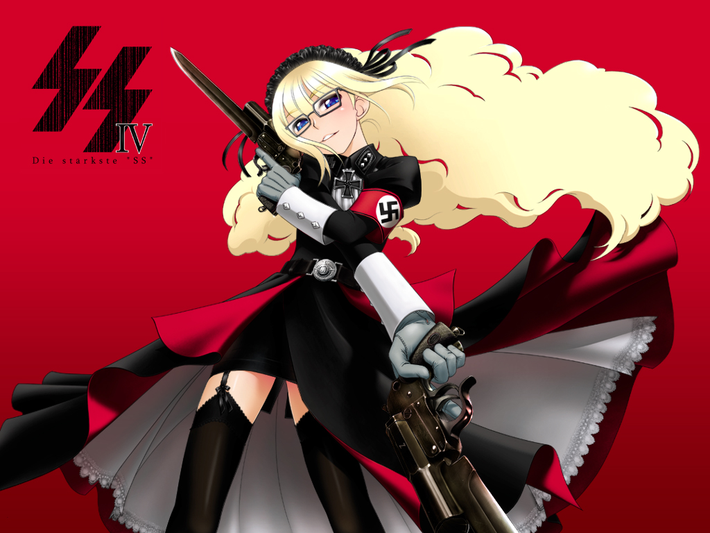 ootsuka mahiro, die starke ss, 1girl, bayonet, black thighhighs, blonde hair, blue eyes, cross, dress, dual wielding, female focus, garter belt, glasses, gloves, gun, gunblade, handgun, hands on own hips, head tilt, holding, iron cross, legs apart, long hair, nazi, pistol, red background, simple background, smile, solo, standing, swastika, thighhighs, weapon