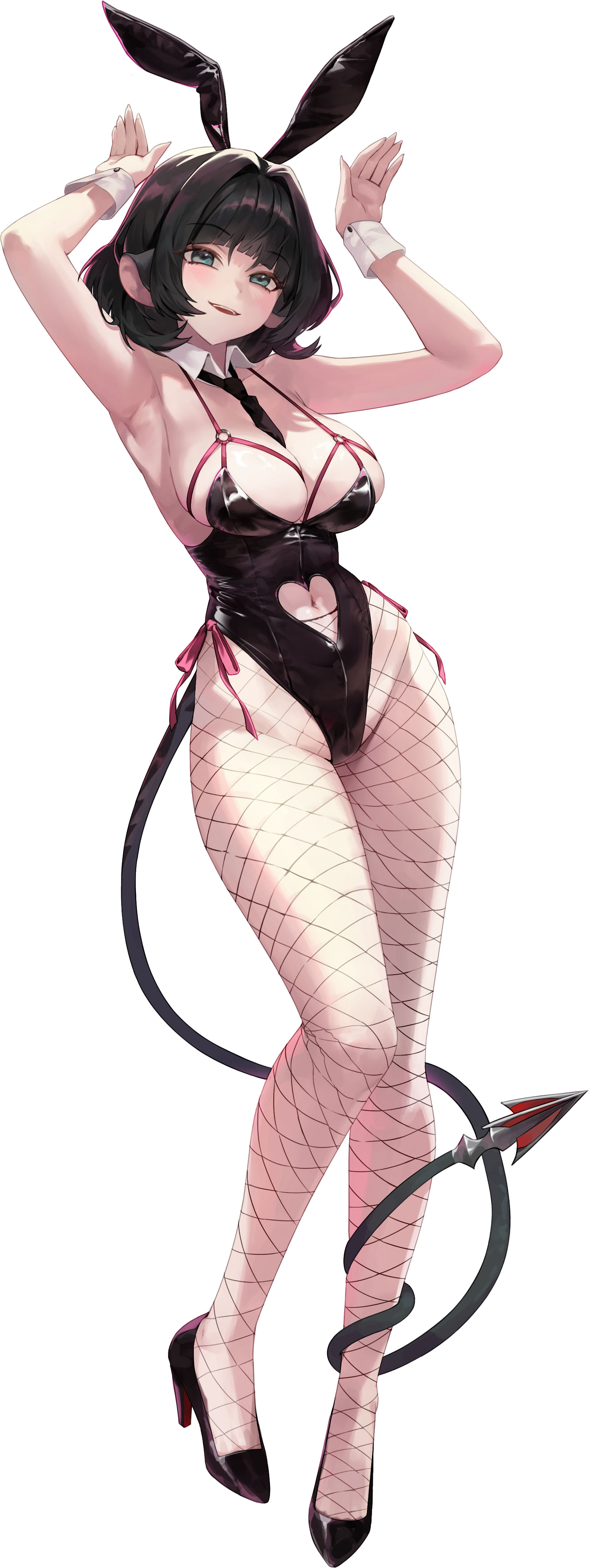 malsuk, jane doe (zenless zone zero), zenless zone zero, absurdres, commentary request, highres, korean commentary, 1girl, alternate costume, animal ears, armpits, between breasts, black hair, black leotard, black necktie, breasts, cleavage, clothing cutout, collar, detached collar, fake animal ears, fishnet pantyhose, fishnets, full body, heart cutout, high heels, highleg, highleg leotard, large breasts, leotard, mouse ears, navel, navel cutout, necktie, necktie between breasts, o-ring, pantyhose, parted lips, rabbit ears, rabbit pose, simple background, solo, teeth, upper teeth only, white background, white collar, white wrist cuffs, wrist cuffs