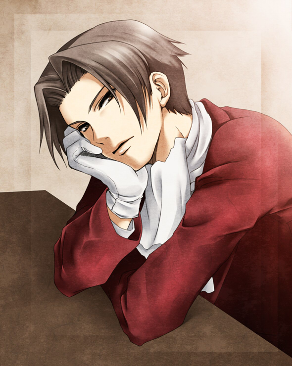 jyuru, miles edgeworth, ace attorney, capcom, 1boy, brown eyes, crossed arms, desk, gloves, grey hair, male focus, short hair, solo