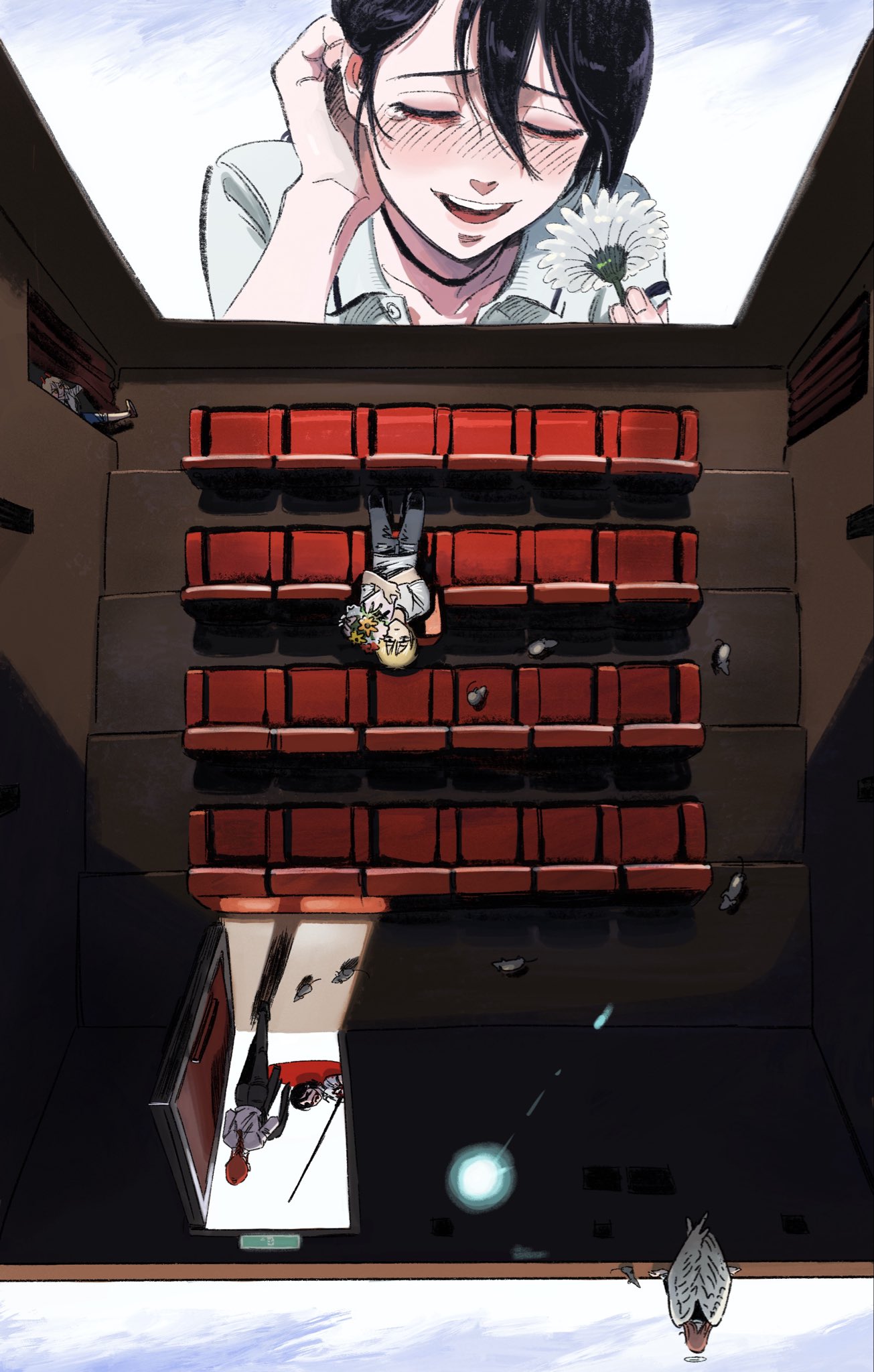 egyuuu, angel devil (chainsaw man), denji (chainsaw man), makima (chainsaw man), power (chainsaw man), reze (chainsaw man), chainsaw man, highres, 2boys, 3girls, back, black choker, blood, blush, bouquet, choker, collarbone, exit sign, flower, from above, grey pants, holding, holding bouquet, holding flower, looking up, lying, mouse (animal), movie theater, multiple boys, multiple girls, on back, open door, pants, polearm, shirt, sitting on wall, spear, theater seating, weapon, white flower, white shirt