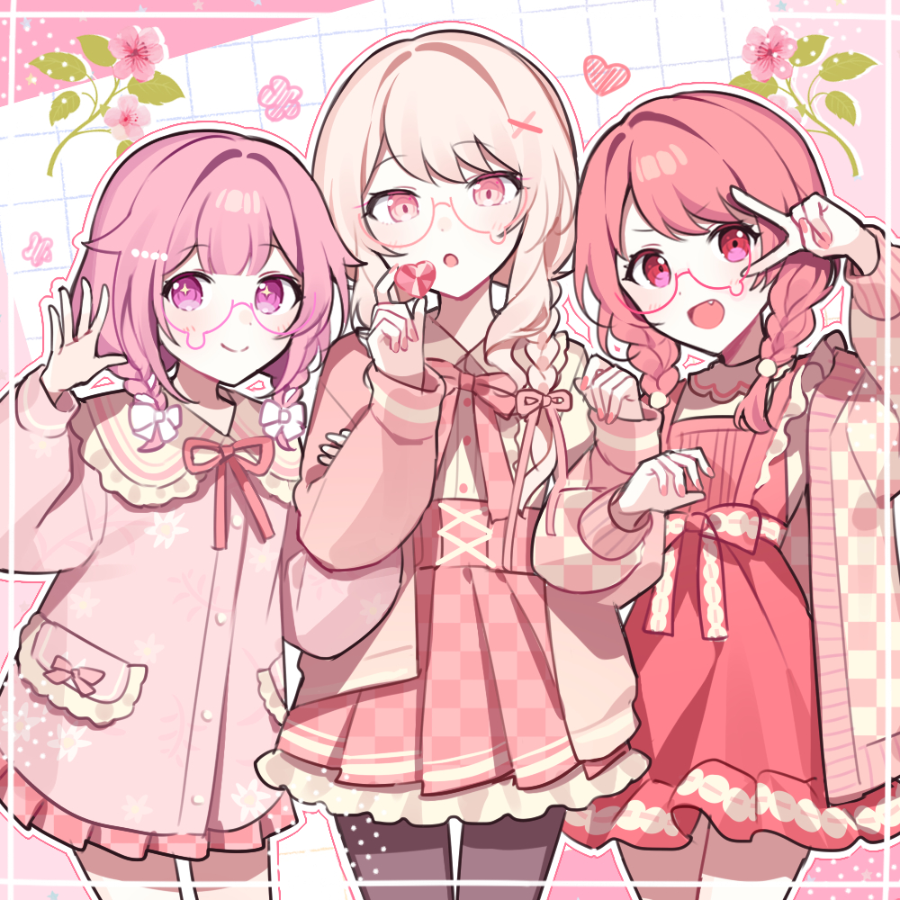 waka (wk4444), akiyama mizuki, momoi airi, ootori emu, project sekai, commentary request, 1other, 2girls, alternate hairstyle, analogous colors, bespectacled, bow, braid, checkered clothes, checkered jacket, checkered ribbon, checkered skirt, cherry blossoms, closed mouth, collared shirt, color connection, cowboy shot, dress, fashion, flower, flower symbol, glasses, hair bow, hair color connection, hair flaps, hair ornament, hair ribbon, heart, himekaji, holding, holding heart, jacket, locked arms, long sleeves, multiple girls, neck ribbon, open mouth, pantyhose, pink-framed eyewear, pink dress, pink eyes, pink flower, pink hair, pink jacket, pink ribbon, pink skirt, pink theme, pleated skirt, pocket, ribbon, semi-rimless eyewear, shirt, shirt tucked in, sidelocks, skirt, teardrop-framed glasses, twin braids, under-rim eyewear, v, v over eye, warm colored, white bow, white pantyhose, white shirt, x hair ornament