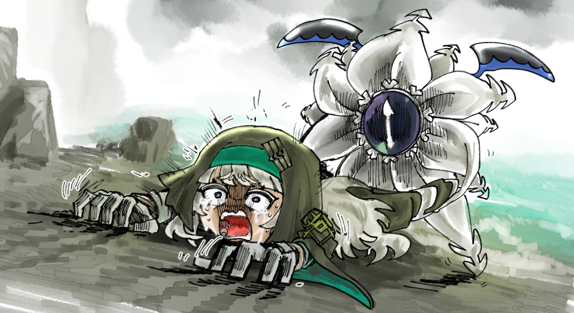 basin sea reaper (arknights), mayors (project moon), seaborn (arknights), arknights, limbus company, project moon, 1girl, beach, cloud, cloudy sky, creature, crying, dragging, hood, monster, robe, screaming, sky, streaming tears, tears, udiedguy, white hair