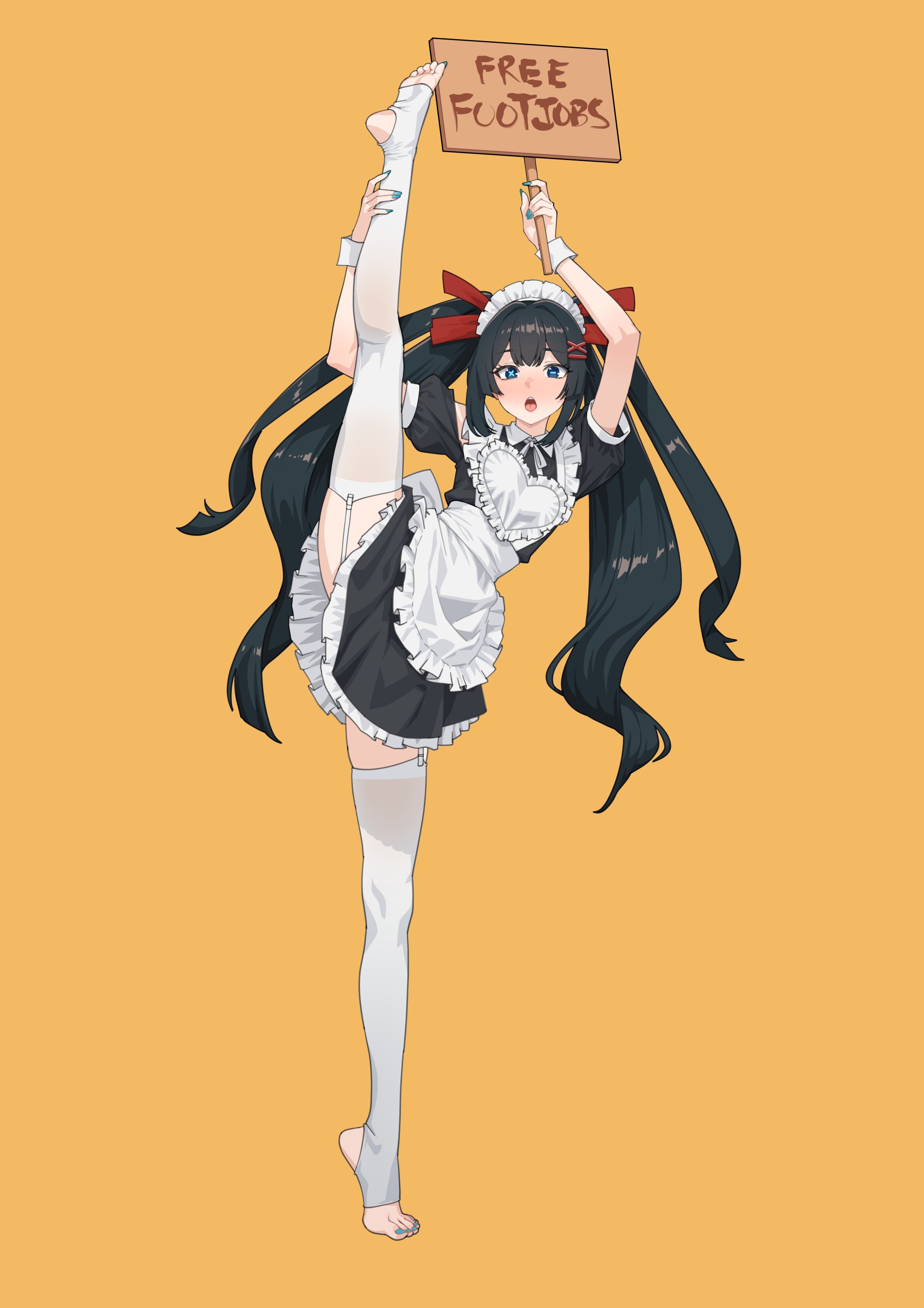 kuso otoko, uragoner, absurdres, commentary, english commentary, highres, 1girl, apron, black dress, black hair, blue eyes, blue nails, center-flap bangs, collared dress, double-parted bangs, dress, feet, flexible, frilled apron, frilled dress, frills, garter straps, hair ornament, hairclip, heart, holding, holding own leg, holding sign, leg up, long hair, looking at viewer, maid, maid apron, maid headdress, mismatched pupils, nail polish, neck ribbon, no shoes, open mouth, puffy short sleeves, puffy sleeves, quad tails, ribbon, short sleeves, sign, simple background, soles, solo, split, standing, standing on one leg, standing split, stirrup legwear, symbol-shaped pupils, thighhighs, toeless legwear, toenail polish, toenails, toes, tongue, tongue out, very long fingernails, very long hair, white apron, white ribbon, white thighhighs, x hair ornament, yellow background