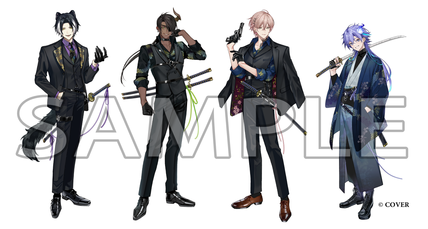 aragami oga, kageyama shien, minase rio, rikka (holostars), holostars, official art, 4boys, :d, alternate costume, alternate hair length, alternate hairstyle, animal ears, arm at side, belt, belt buckle, black belt, black boots, black choker, black gloves, black hair, black jacket, black necktie, black pants, black sash, black shirt, black shoes, black socks, black suit, black vest, blue hair, blue haori, blue jacket, blue kimono, blue shirt, boots, brown shoes, buckle, chest harness, choker, clenched hand, closed mouth, collar chain (jewelry), collared shirt, copyright notice, cross-laced shoes, curtained hair, dark-skinned male, dark skin, demon horns, dragon print, dragon tattoo, dress pants, dress shoes, earrings, eyepatch, finger on trigger, floral print, formal clothes, full body, gloves, gradient clothes, gradient kimono, green eyes, green ribbon, grin, gun, hair between eyes, hair down, hair ornament, hair over one eye, half gloves, hand in pocket, hand up, handgun, hands up, haori, harness, hitodama, holding, holding gun, holding sword, holding weapon, horns, jackal boy, jackal ears, jackal tail, jacket, jacket on shoulders, japanese clothes, jewelry, jinkei, katana, kimono, lace-up boots, lapels, lineup, long hair, long sleeves, looking at viewer, looking to the side, low ponytail, male focus, multicolored hair, multiple boys, multiple swords, neck tattoo, necktie, notched lapels, o-ring, o-ring harness, open clothes, open collar, open jacket, open mouth, over shoulder, pants, parted bangs, partially fingerless gloves, pink hair, pink ribbon, ponytail, print necktie, print shirt, purple eyes, purple hair, purple ribbon, purple shirt, red jacket, ribbon, sample watermark, sash, sharp teeth, sheath, sheathed, shirt, shirt under kimono, shoes, short hair, simple background, single earring, single horn, sleeves rolled up, smile, socks, standing, streaked hair, suit, suit jacket, sword, sword over shoulder, tattoo, teeth, thigh strap, turtleneck, turtleneck shirt, two-sided fabric, two-sided jacket, two-tone hair, v-shaped eyebrows, vest, virtual youtuber, waist sash, watermark, weapon, weapon over shoulder, white background, white hair, white kimono, x hair ornament, yakuza, yellow eyes