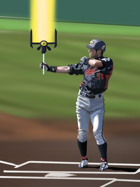 venel, bardiche (nanoha), bardiche (zanber form) (nanoha), suzuki ichiro, suzuki ichirou, 2009 world baseball classic, lyrical nanoha, mahou shoujo lyrical nanoha, real life, world baseball classic, bad id, bad pixiv id, 1boy, baseball, baseball uniform, clothes writing, crossover, energy sword, male focus, parody, solo, sportswear, sword, weapon
