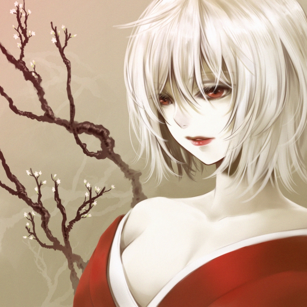 takoyaki (pixiv26155), ueda takashi, original, 1girl, albino, bare shoulders, branch, breasts, cleavage, colored eyelashes, eyelashes, female focus, lips, lipstick, makeup, pale skin, red eyes, red lips, short hair, solo, tree, white hair
