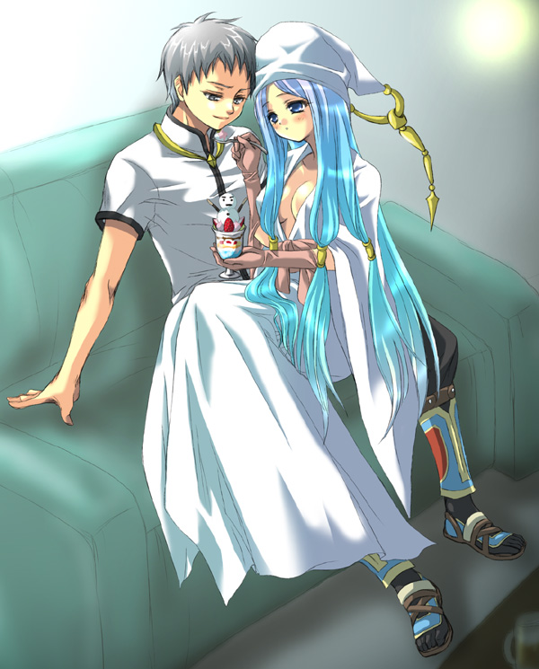 celica yuki, hero (suikoden tierkreis), sphiel (suikoden), gensou suikoden, gensou suikoden tierkreis, bad id, bad pixiv id, 1boy, 1girl, blue eyes, blue hair, breasts, cleavage, long hair, medium breasts, snowman