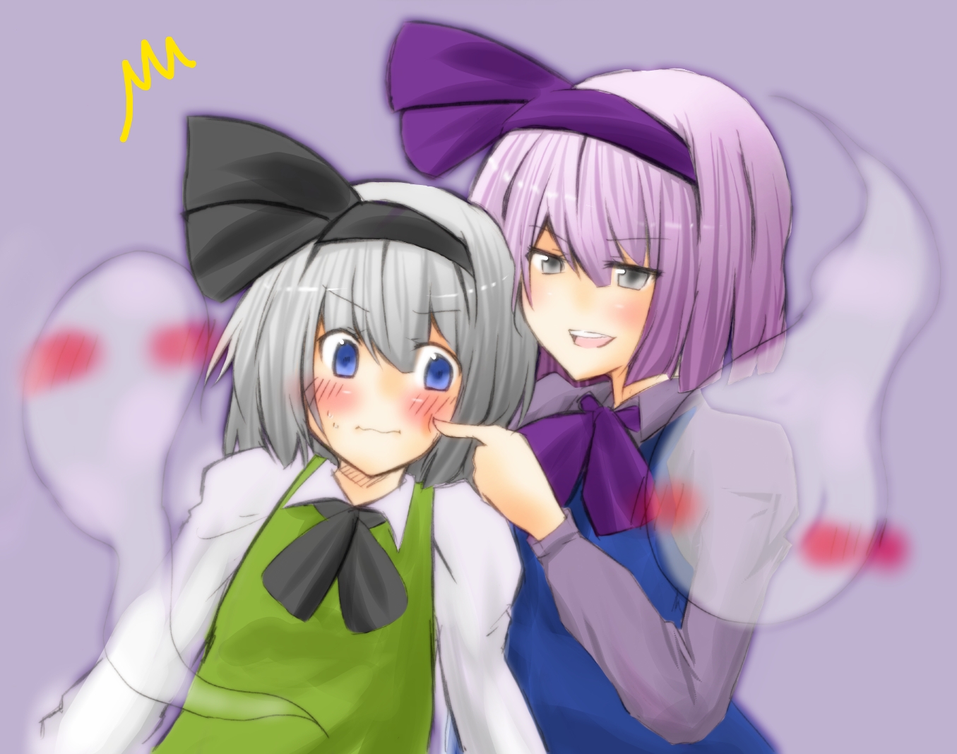 nemiminimimizu, konpaku youmu, konpaku youmu (ghost), touhou, silver hair, bad id, bad pixiv id, 2girls, alternate color, blush, clone, dark persona, dual persona, female focus, hairband, hitodama, multiple girls, purple hair, ribbon