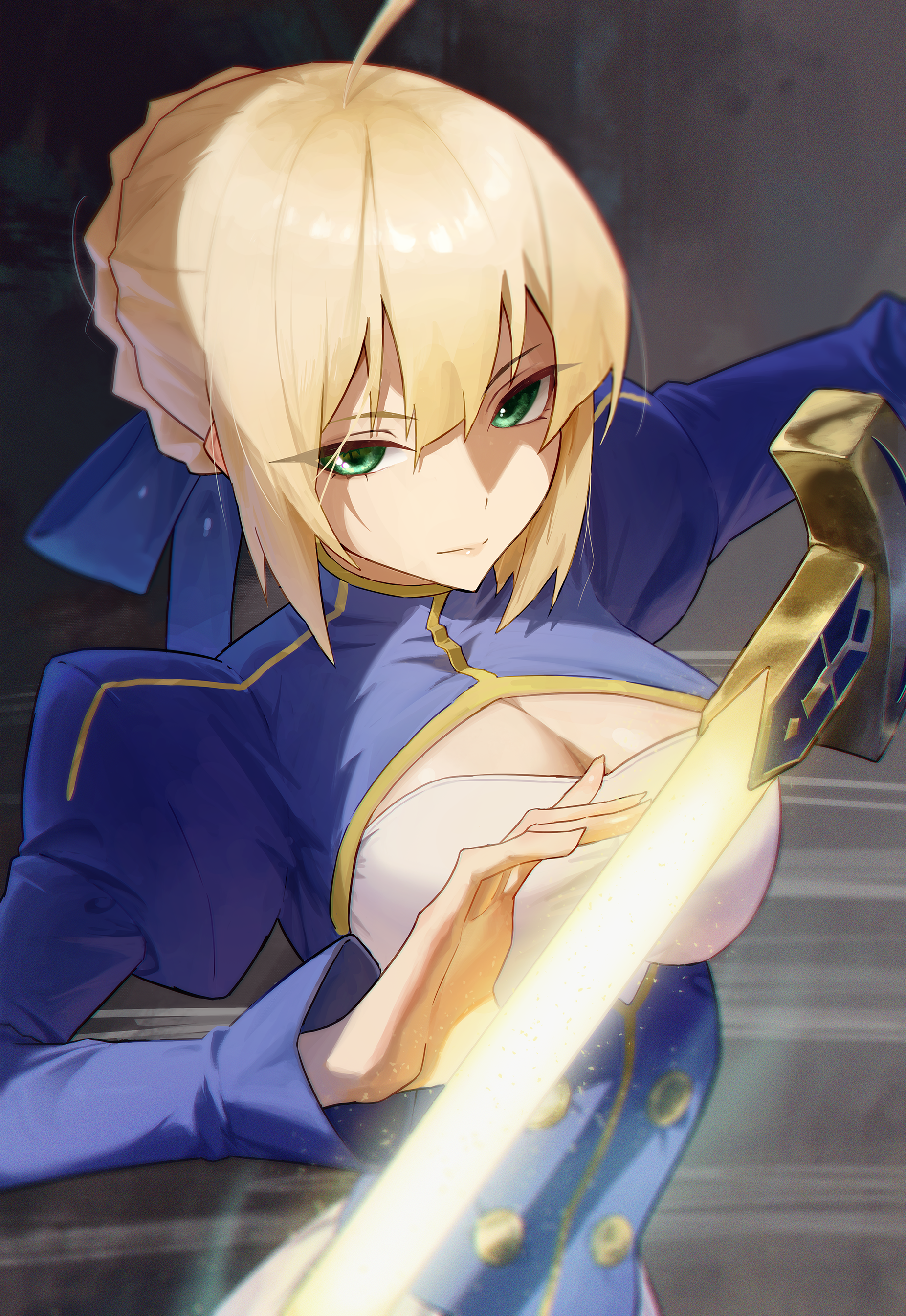 vyva, artoria pendragon (fate), saber (fate), fate/stay night, fate (series), absurdres, commentary, highres, 1girl, ahoge, alternate breast size (larger), blue dress, blue ribbon, braid, breasts, cleavage, closed mouth, dress, excalibur (fate/stay night), glowing, glowing sword, glowing weapon, green eyes, hair ribbon, holding, holding sword, holding weapon, juliet sleeves, lips, long sleeves, looking at viewer, medium breasts, puffy sleeves, ribbon, short hair, smile, solo, sword, weapon