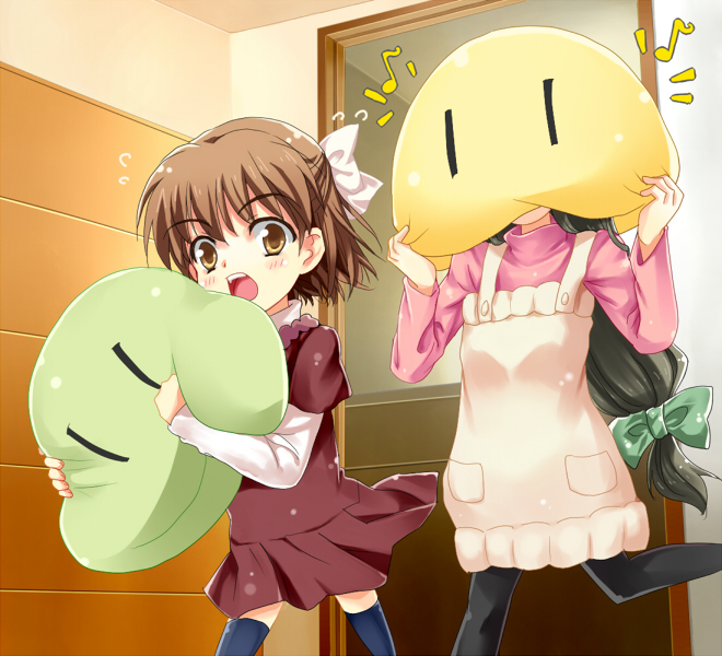 yaoto, ibuki fuuko, okazaki ushio, clannad, dango daikazoku, 00s, 2girls, brown eyes, brown hair, child, dress, long hair, multiple girls, musical note, open mouth, pantyhose, running, thighhighs